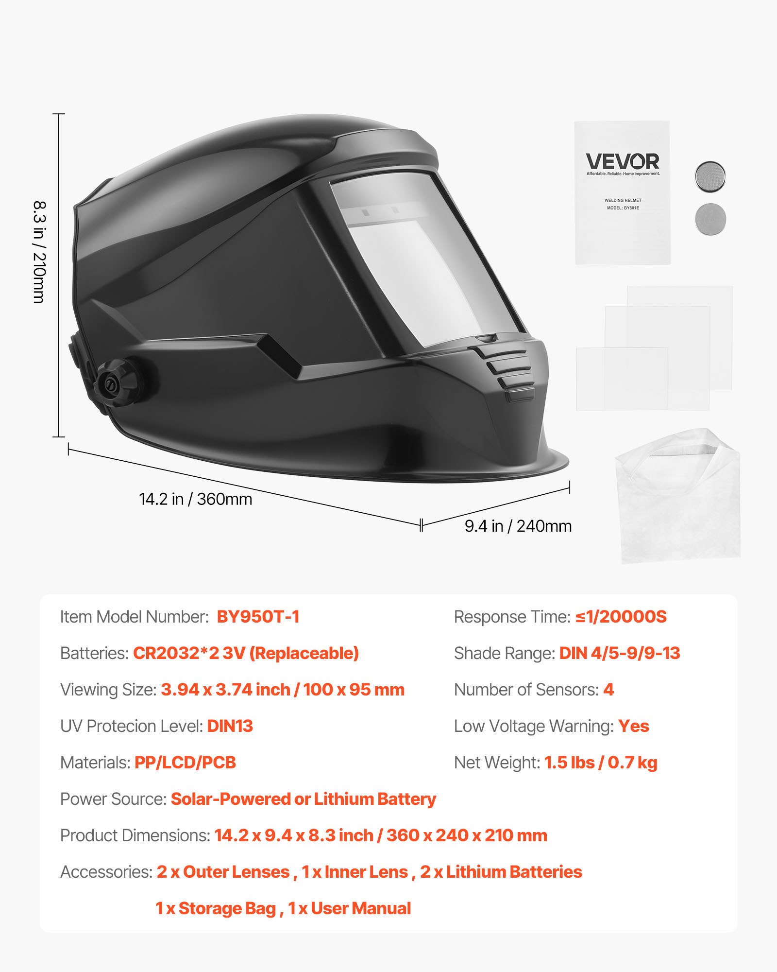 VEVOR Automatische lashelm, 100x95 mm True Color, 1/1/1/1 Solar lasmasker, 4 boogsensoren, DIN 4/5-9/9-13, voor TIG MIG booglassen, slijpen en snijden - METIS-serie, zwart