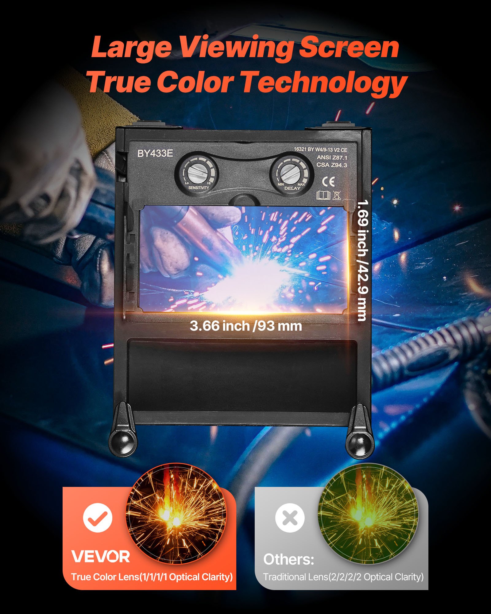 VEVOR Automatische lashelm, 93x43 mm True Color, Solar lasmasker, 2 boogsensoren, DIN 4/9-13 voor TIG-, MIG- en booglassen - CRIUS-serie (blauw flitspatroon)