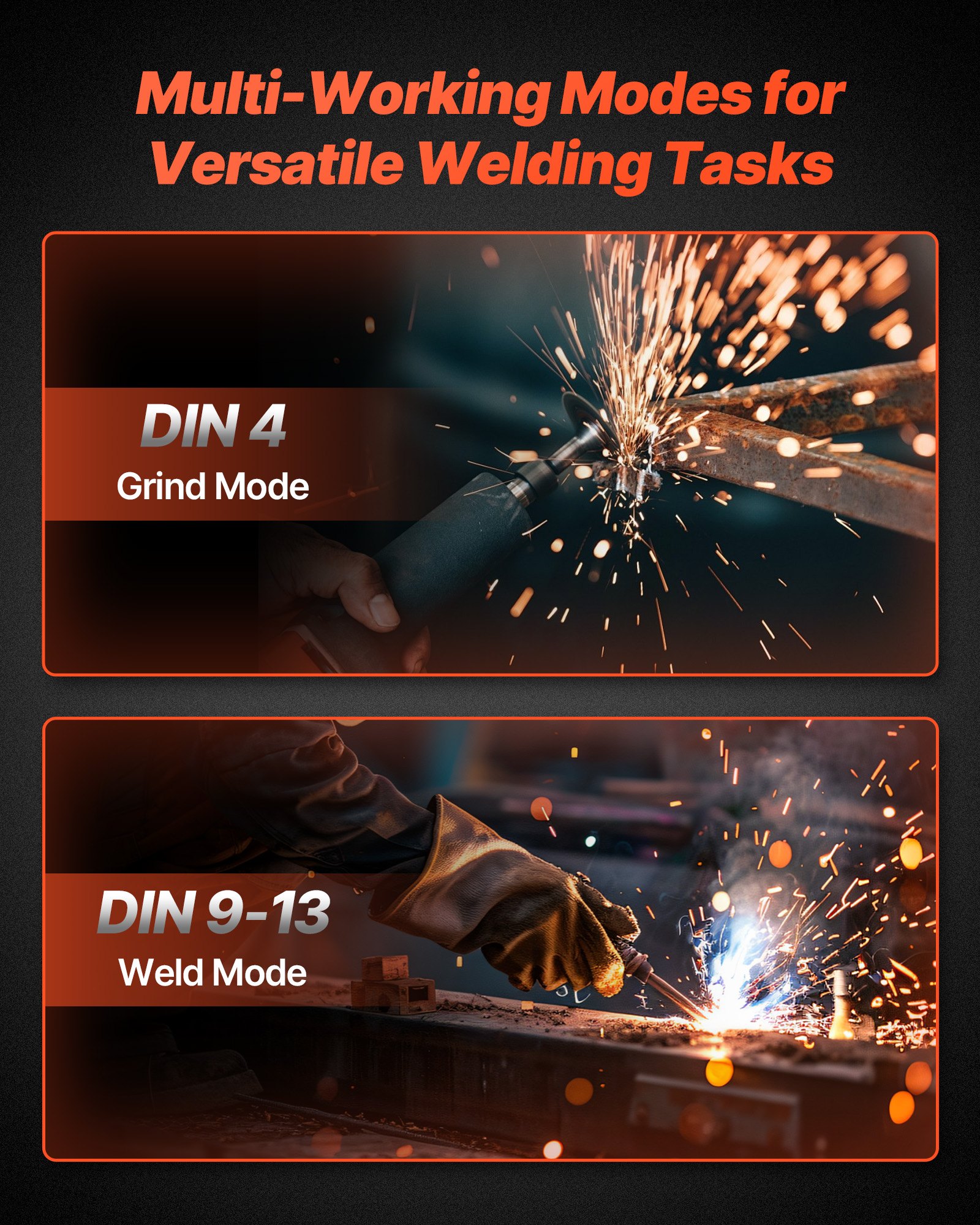 VEVOR Automatische lashelm, 93x43 mm True Color, Solar lasmasker, 2 boogsensoren, DIN 4/9-13 voor TIG-, MIG- en booglassen - CRIUS-serie (blauw flitspatroon)
