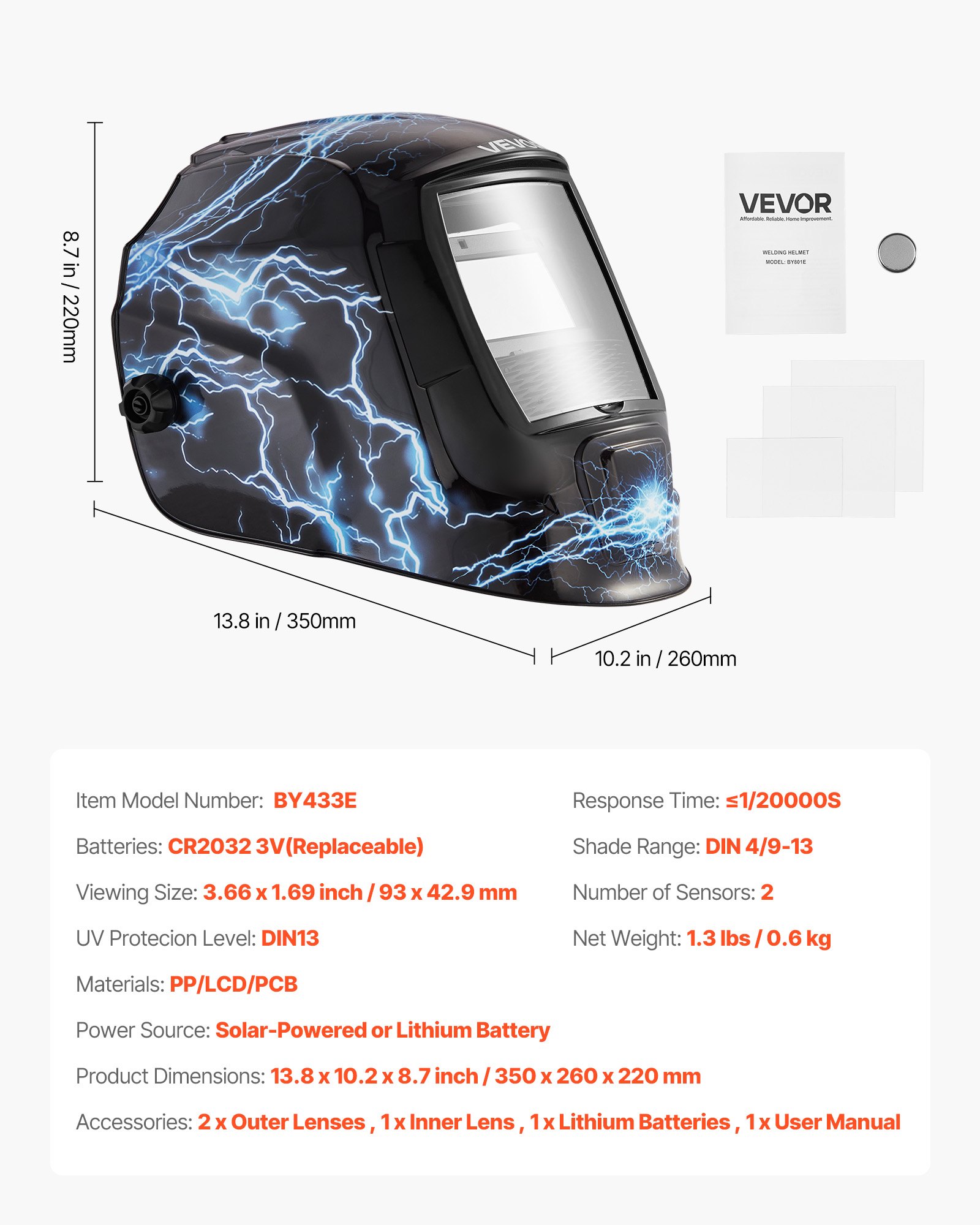 VEVOR Automatische lashelm, 93x43 mm True Color, Solar lasmasker, 2 boogsensoren, DIN 4/9-13 voor TIG-, MIG- en booglassen - CRIUS-serie (blauw flitspatroon)