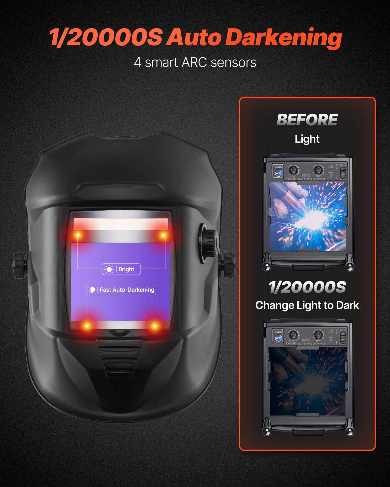 VEVOR Welding Helmet Auto Darkening, 100 x 80 mm True Color Welding Hood, Solar-Powered Welder Mask 4 Arc Sensors, Wide Shade 4/5-9/9-13 for TIG MIG Weld Cutting Grinding Application - METIS Series