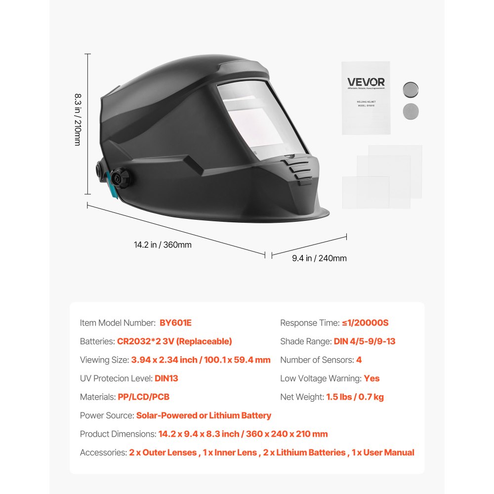 VEVOR Welding Helmet Auto Darkening, 100 x 59.4 mm True Color Welding Hood, Solar-Powered Welder Mask with 4 Arc Sensors, Wide Shade 4/5-9/9-13 for TIG MIG ARC Weld Grinding Cutting - METIS Series