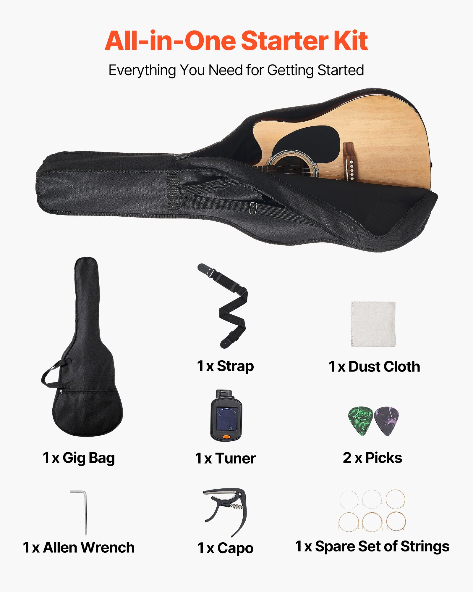 VEVOR 41 in Cutway Acoustic Guitar Natural Beginner Bundle Gig Bag for Adult