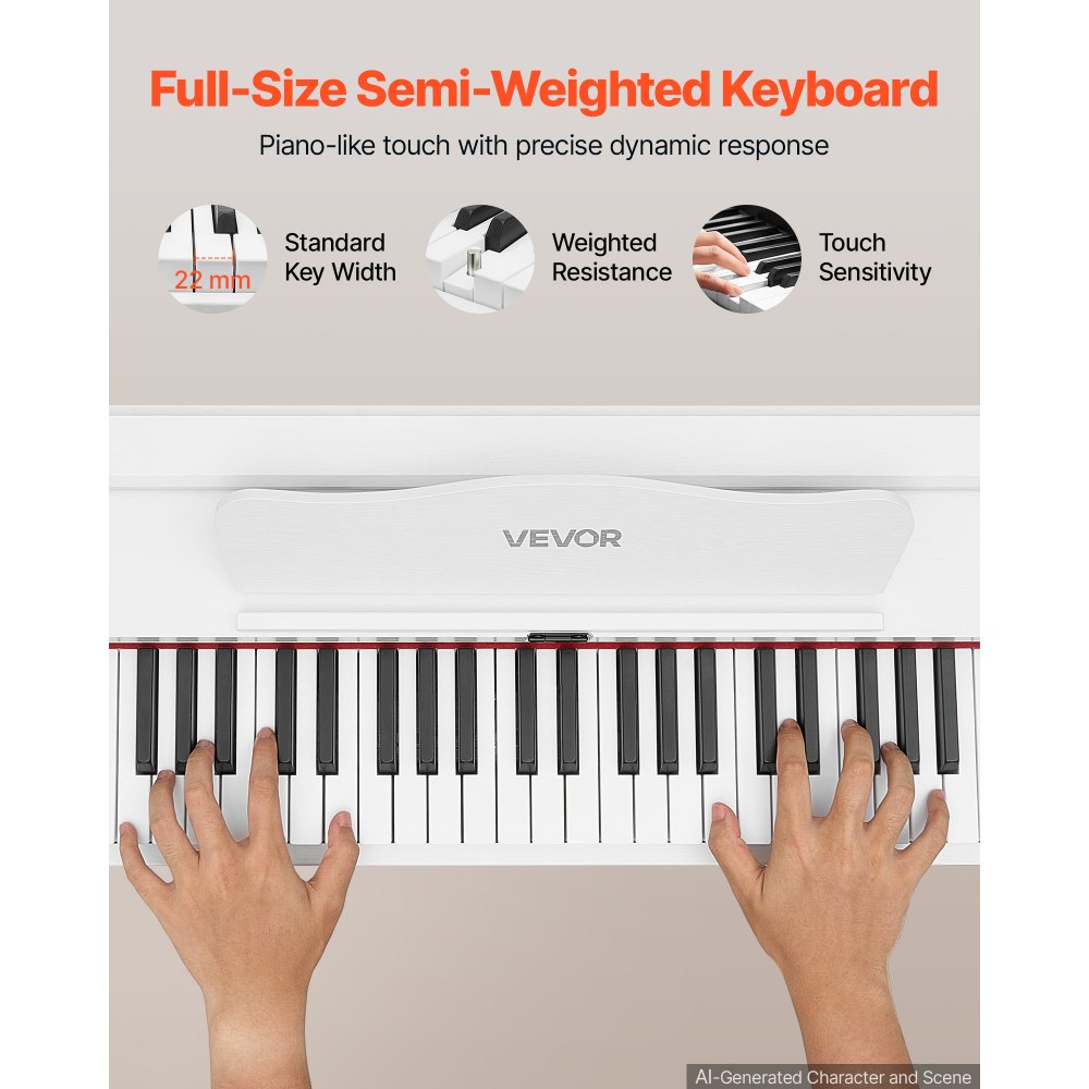 VEVOR Digitale Piano met 88 semi-gewogen toetsen van standaardformaat, wit, geschikt voor beginners, 600 geluiden, 600 ritmes, USB, MIDI, audio-uitgang, hoofdtelefoonaansluiting, sustainpedaal en hifi-luidsprekers.