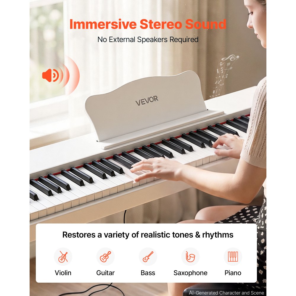 VEVOR Digitale Piano met 88 semi-gewogen toetsen van standaardformaat, wit, geschikt voor beginners, 600 geluiden, 600 ritmes, USB, MIDI, audio-uitgang, hoofdtelefoonaansluiting, sustainpedaal en hifi-luidsprekers.