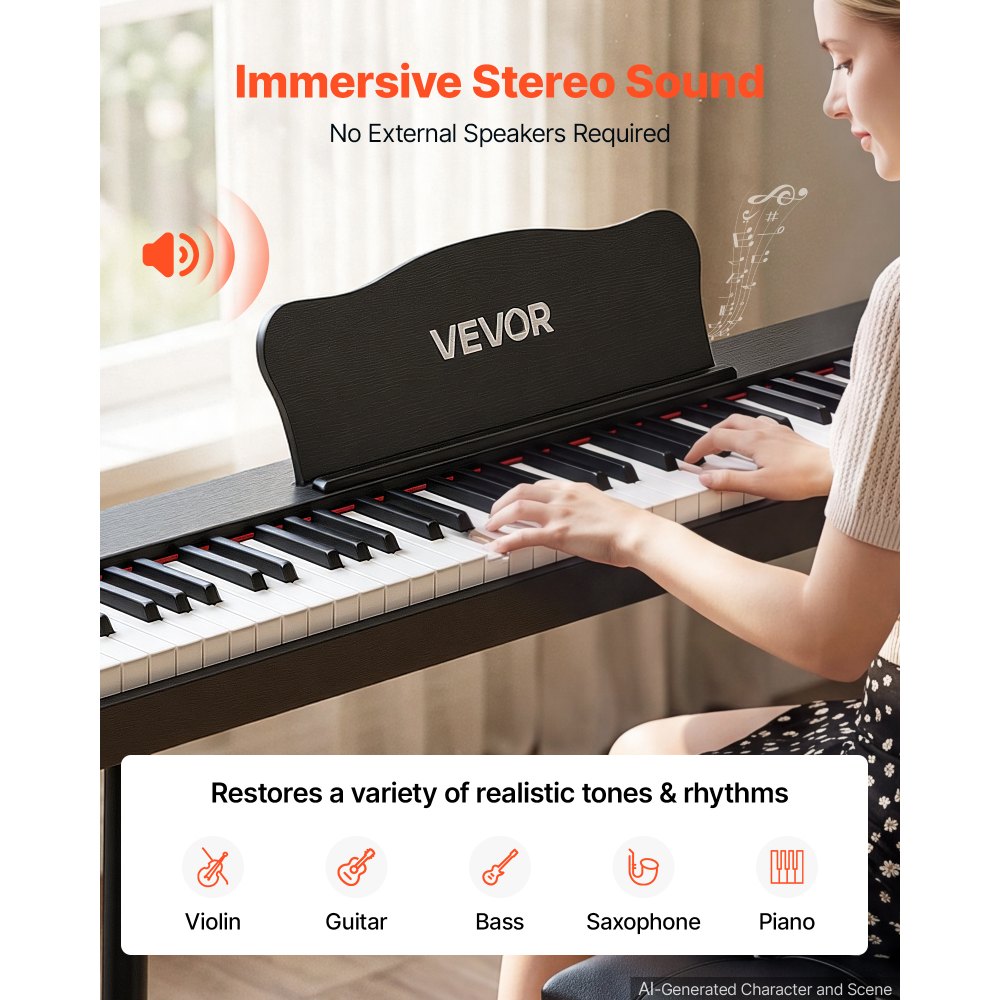 VEVOR Digitale Piano 88 Halfverzwaarde Toetsen Standaard Formaat Elektrische Piano Zwart voor Beginners, 600 Geluiden, 600 Ritmes, USB, MIDI, Audio-uitgang, Hoofdtelefoonaansluiting, Sustainpedaal en HiFi-luidsprekers