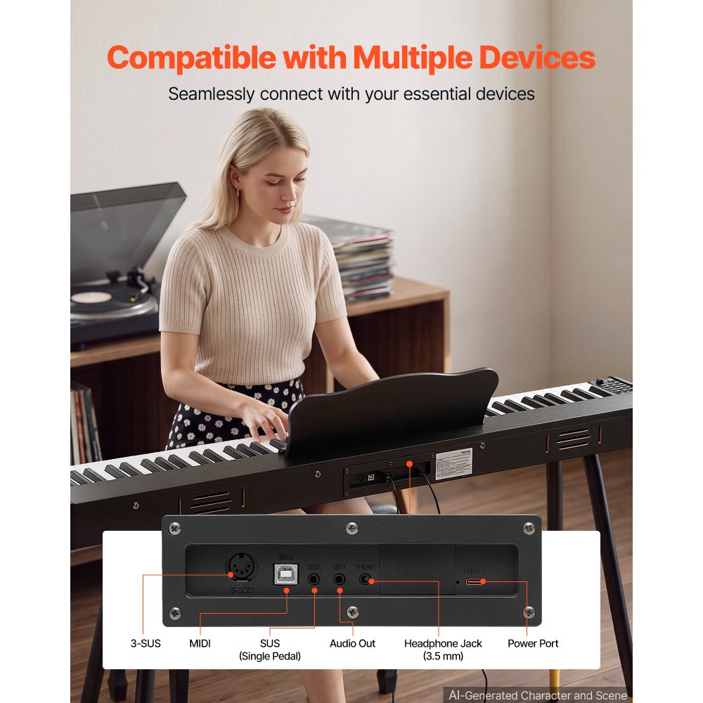 VEVOR Digitale Piano 88 Halfverzwaarde Toetsen Standaard Formaat Elektrische Piano Zwart voor Beginners, 600 Geluiden, 600 Ritmes, USB, MIDI, Audio-uitgang, Hoofdtelefoonaansluiting, Sustainpedaal en HiFi-luidsprekers