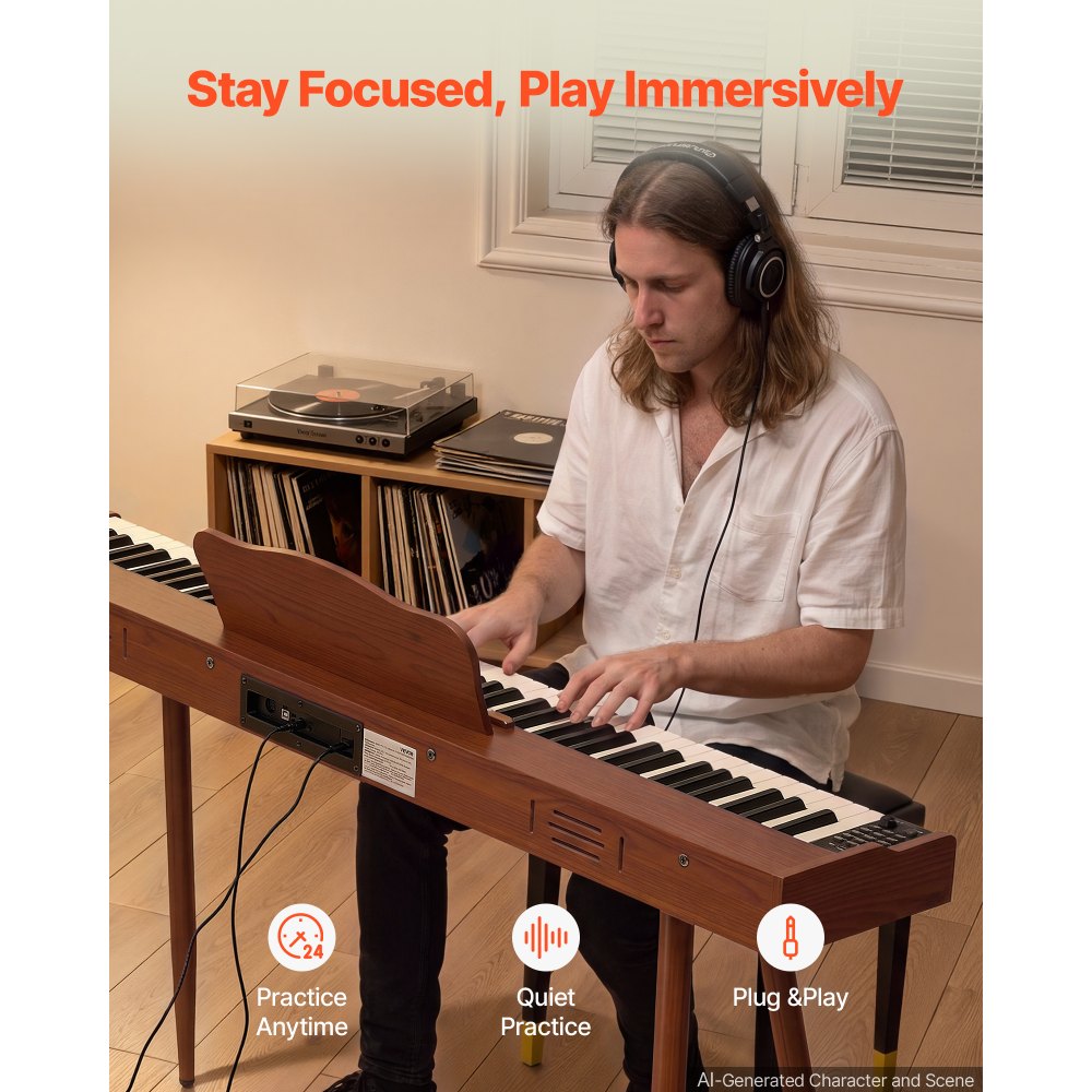 VEVOR Digitale Piano met 88 semi-gewogen toetsen van standaardformaat, bruin, voor beginners, 600 geluiden, 600 ritmes, USB, MIDI, audio-uitgang, hoofdtelefoonaansluiting, sustainpedaal en hifi-luidsprekers.