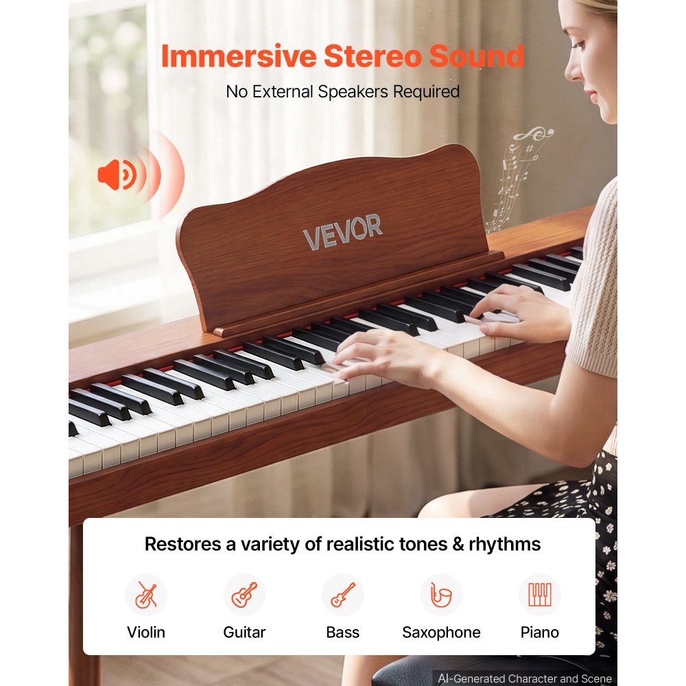 VEVOR Digitale Piano met 88 semi-gewogen toetsen van standaardformaat, bruin, voor beginners, 600 geluiden, 600 ritmes, USB, MIDI, audio-uitgang, hoofdtelefoonaansluiting, sustainpedaal en hifi-luidsprekers.