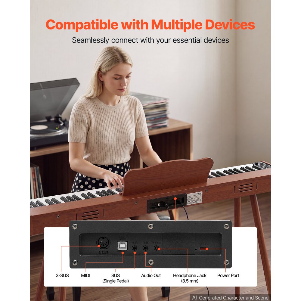 VEVOR Digitale Piano met 88 semi-gewogen toetsen van standaardformaat, bruin, voor beginners, 600 geluiden, 600 ritmes, USB, MIDI, audio-uitgang, hoofdtelefoonaansluiting, sustainpedaal en hifi-luidsprekers.