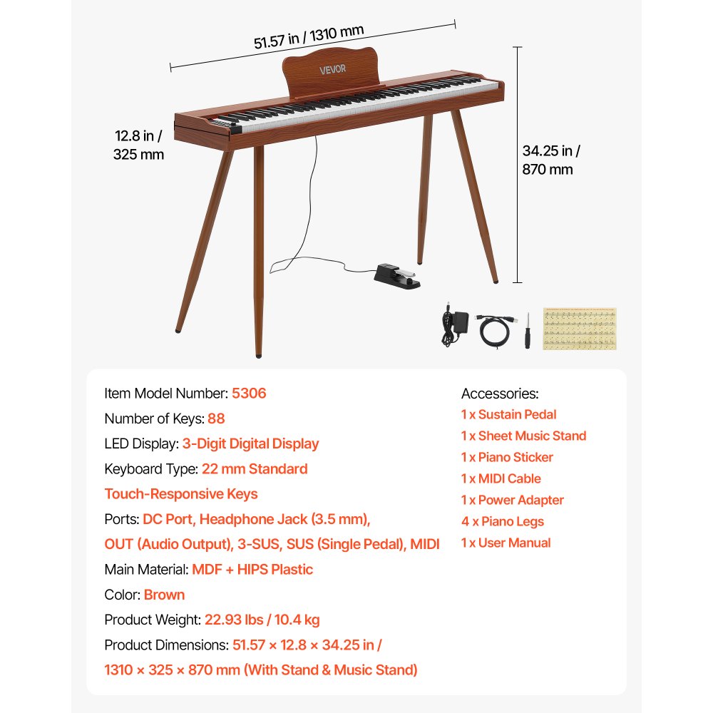 VEVOR Digitale Piano met 88 semi-gewogen toetsen van standaardformaat, bruin, voor beginners, 600 geluiden, 600 ritmes, USB, MIDI, audio-uitgang, hoofdtelefoonaansluiting, sustainpedaal en hifi-luidsprekers.