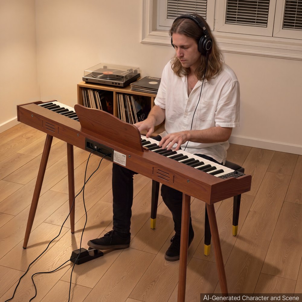 VEVOR Digitale Piano met 88 semi-gewogen toetsen van standaardformaat, bruin, voor beginners, 600 geluiden, 600 ritmes, USB, MIDI, audio-uitgang, hoofdtelefoonaansluiting, sustainpedaal en hifi-luidsprekers.