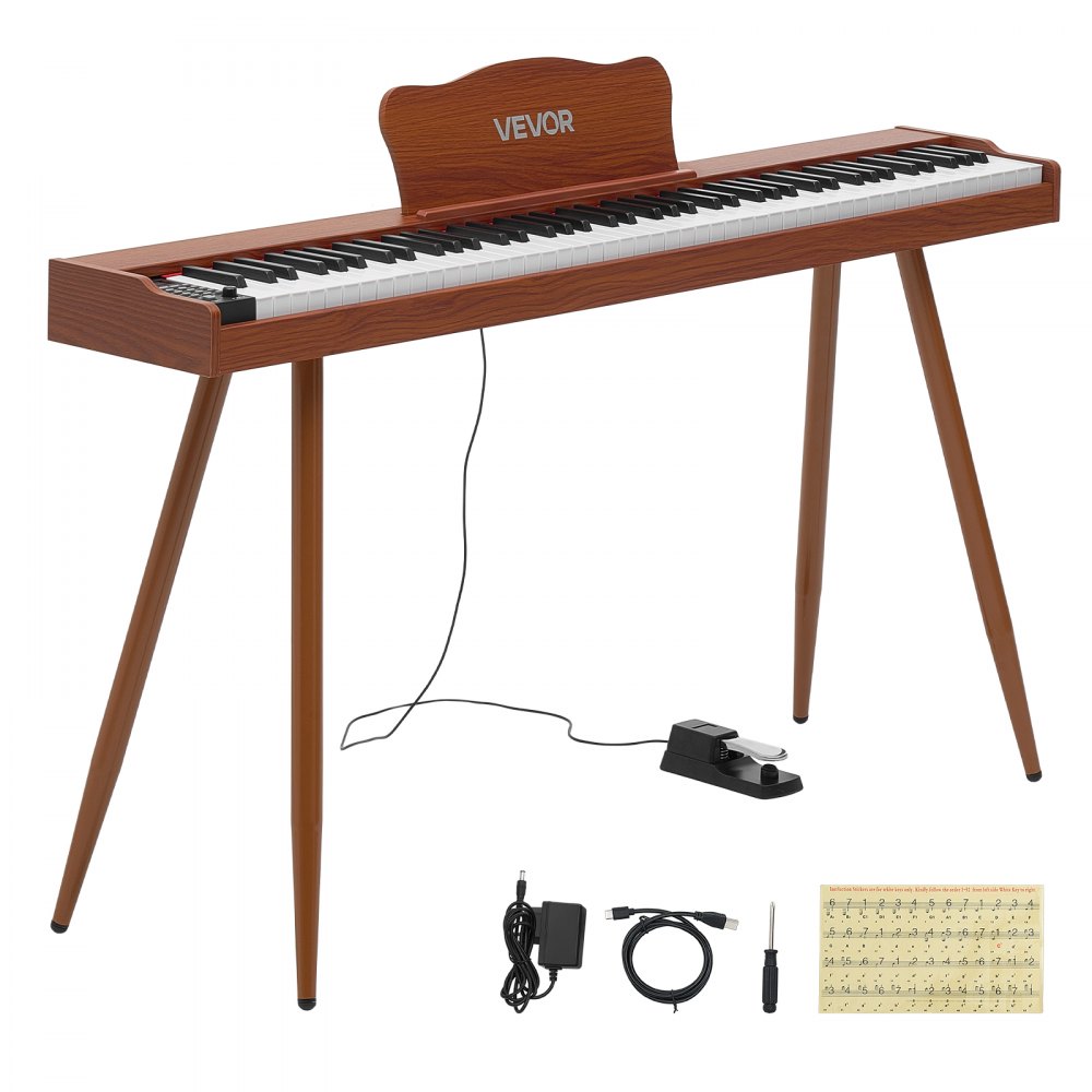 VEVOR Digitale Piano met 88 semi-gewogen toetsen van standaardformaat, bruin, voor beginners, 600 geluiden, 600 ritmes, USB, MIDI, audio-uitgang, hoofdtelefoonaansluiting, sustainpedaal en hifi-luidsprekers.