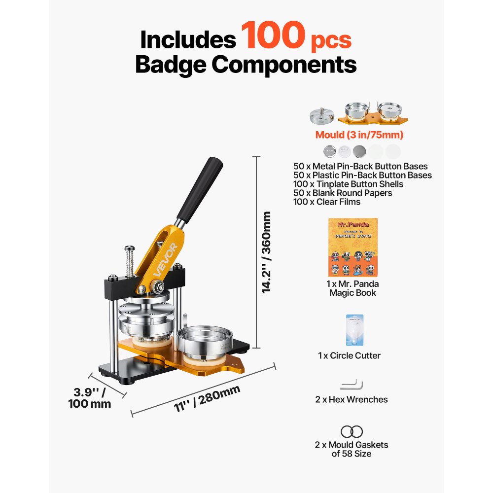 VEVOR Button Maker 75 mm (3 inch) Badge Punch Press Kit, DIY Cadeaus voor Kinderen Button Making Machine, Button Badge Making met 100 Button Onderdelen & Cirkelsnijder & Spell Book
