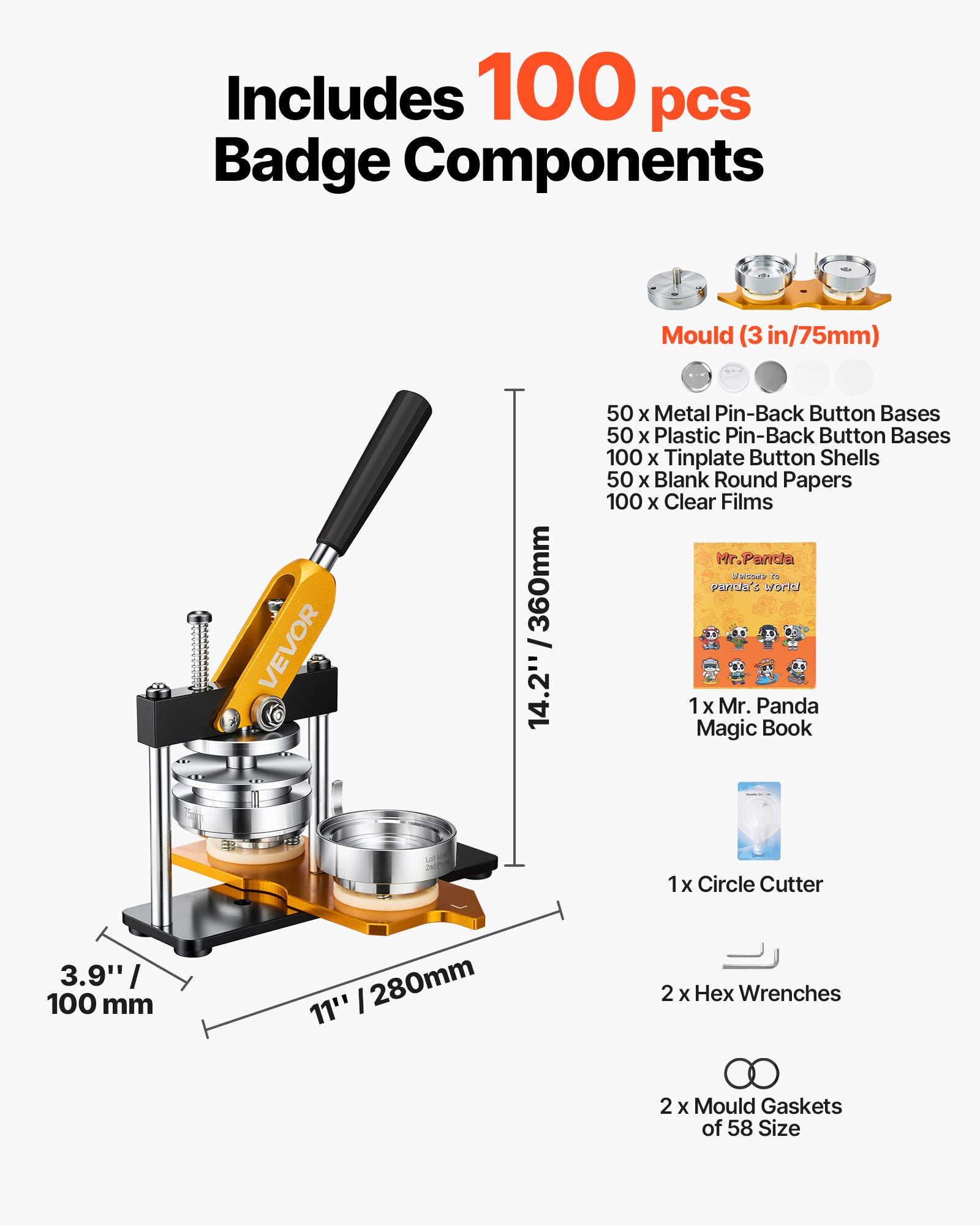 VEVOR Button Maker 75 mm (3 inch) Badge Punch Press Kit, DIY Cadeaus voor Kinderen Button Making Machine, Button Badge Making met 100 Button Onderdelen & Cirkelsnijder & Spell Book