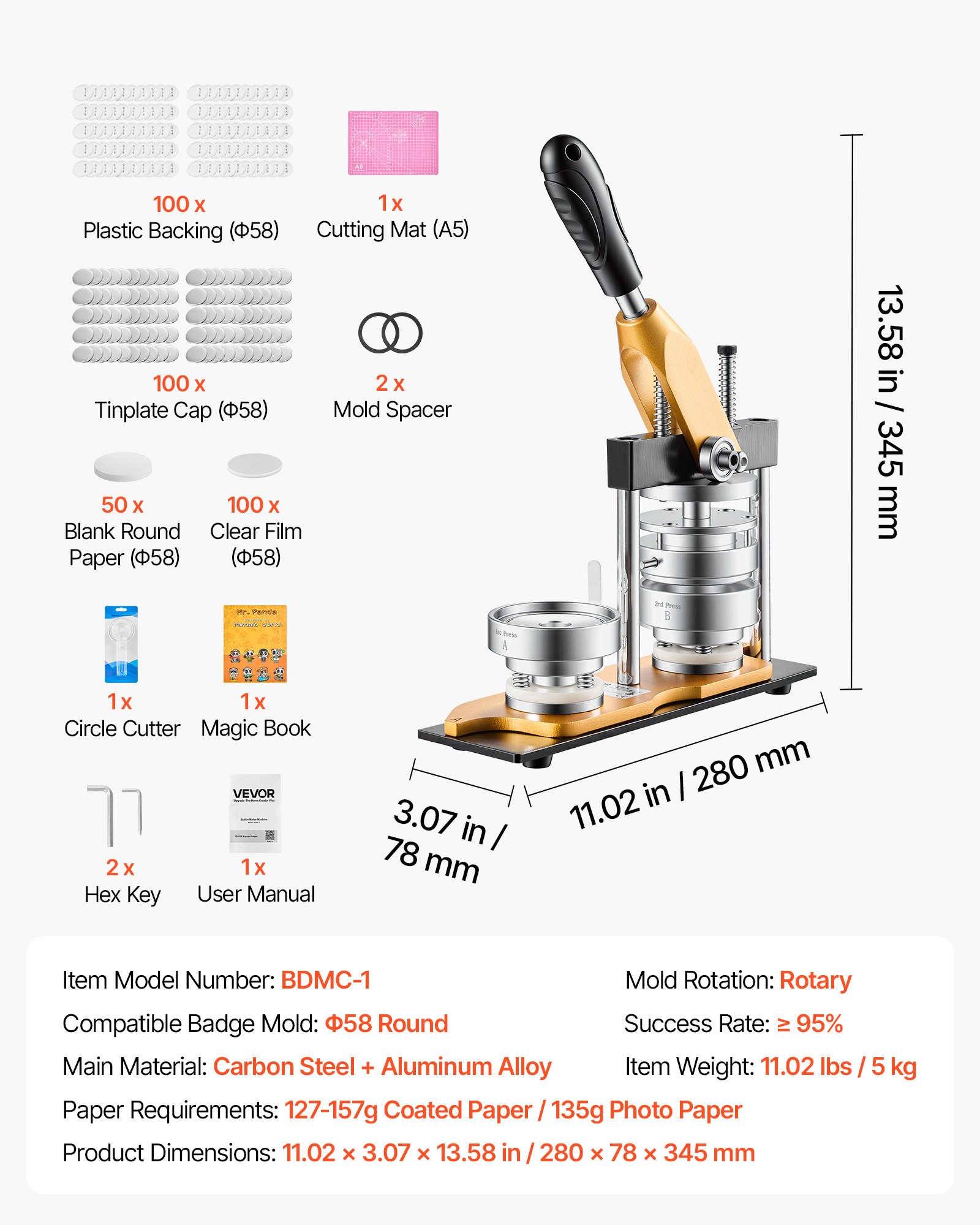 VEVOR knopenmachine 58 mm knopenmaker, badge-maker, knopenpers, met 100 blanco knopen, cirkelsnijder en handleiding, ergonomische handgreep voor het zelf maken van badges, speldjes en sleutelhangers.