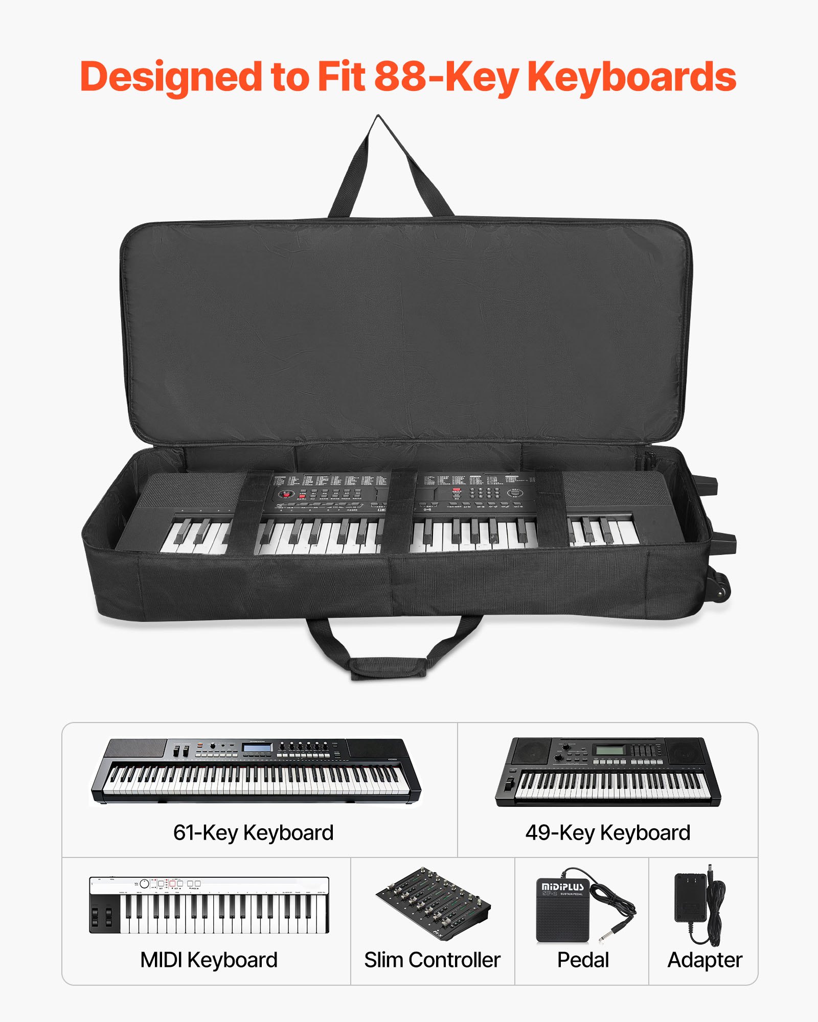 VEVOR 88 Key Keyboard Case, 40.9 x 16.9 x 5.1 in Interior, Padded Rolling Piano Case with Wheels, Sturdy Handle, 3-Pocket Storage, Gig Bag with Smooth Wheels, for 88 Note Keyboards and Electric Pianos