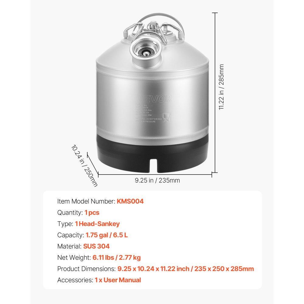 VEVOR Cleaning Keg, 1.75 Gallon/6.5L Keg Line Cleaning Kit with D Coupler Connection & Rubber Base, Beer Lines Cleaner Used for Beer Line Cleaning, 304Stainless Steel Kegerator Beers Lines Cleaner Kit
