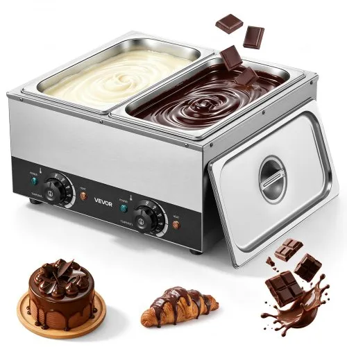 VEVOR Chocoladesmeltmachine met 2 verwijderbare roestvrijstalen containers, 800+800 W, voor bakkerijen en restaurants, aparte temperatuurregeling voor elke container, 30–85 °C, droogloopbeveiliging, chocoladetempermachine