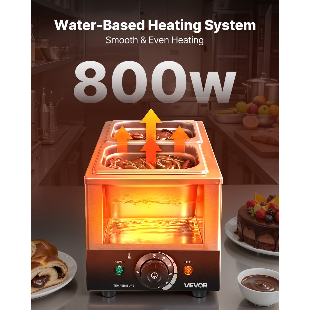 VEVOR Chocoladesmeltmachine met 2 verwijderbare roestvrijstalen containers, 800 W, voor bakkerijen, patisserieën en restaurants, met temperatuurregeling 30–85 ℃, droogloopbeveiliging, chocoladetempermachine