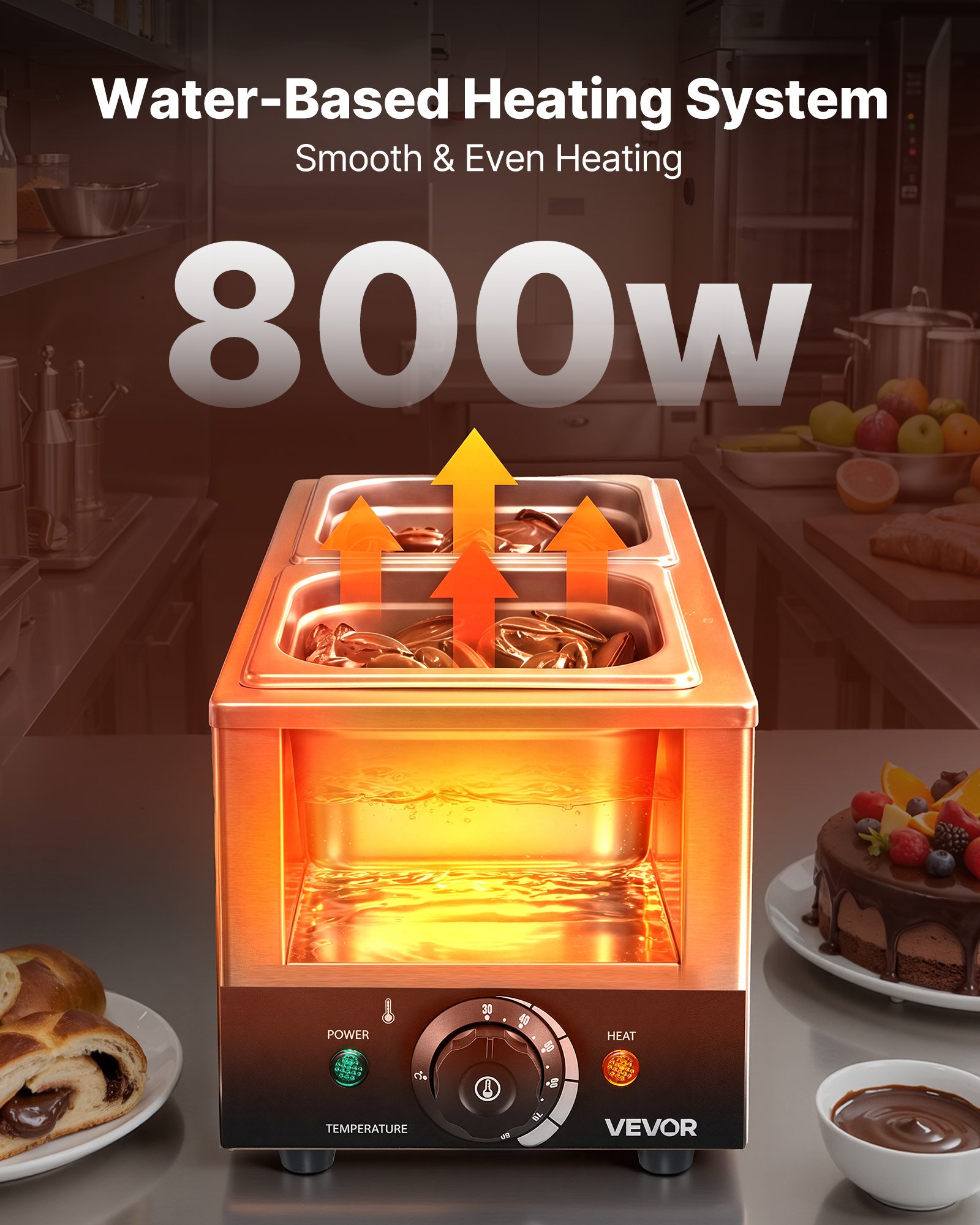 VEVOR Chocoladesmeltmachine met 2 verwijderbare roestvrijstalen containers, 800 W, voor bakkerijen, patisserieën en restaurants, met temperatuurregeling 30–85 ℃, droogloopbeveiliging, chocoladetempermachine
