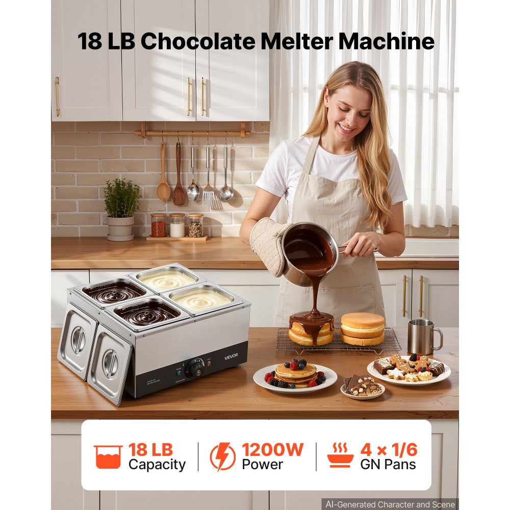 VEVOR Chocoladesmeltmachine met 4 verwijderbare roestvrijstalen containers, 1,2 kW, voor bakkerijen, patisserieën en restaurants, met temperatuurregeling 30–85 ℃, droogloopbeveiliging, chocoladetempermachine