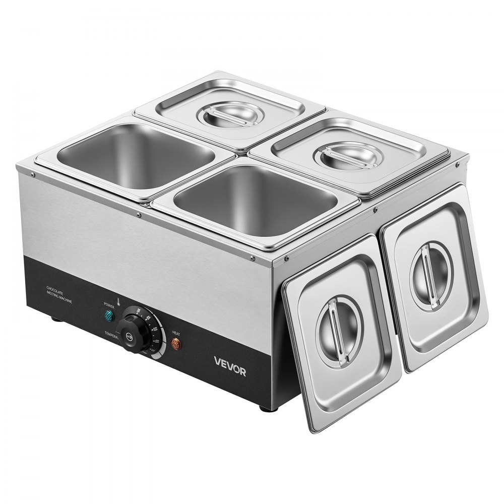 VEVOR Chocoladesmeltmachine met 4 verwijderbare roestvrijstalen containers, 1,2 kW, voor bakkerijen, patisserieën en restaurants, met temperatuurregeling 30–85 ℃, droogloopbeveiliging, chocoladetempermachine