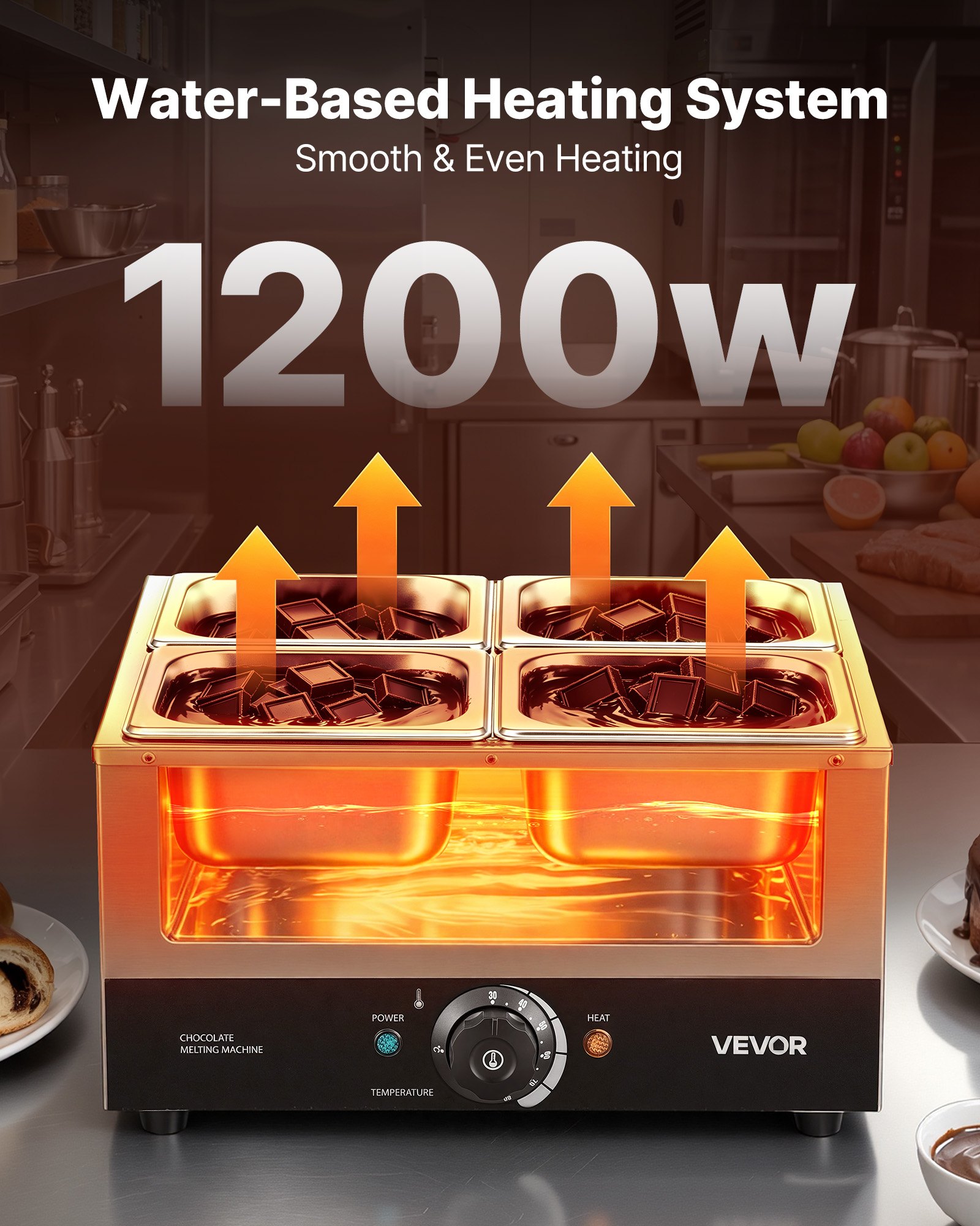 VEVOR Chocoladesmeltmachine met 4 verwijderbare roestvrijstalen containers, 1,2 kW, voor bakkerijen, patisserieën en restaurants, met temperatuurregeling 30–85 ℃, droogloopbeveiliging, chocoladetempermachine