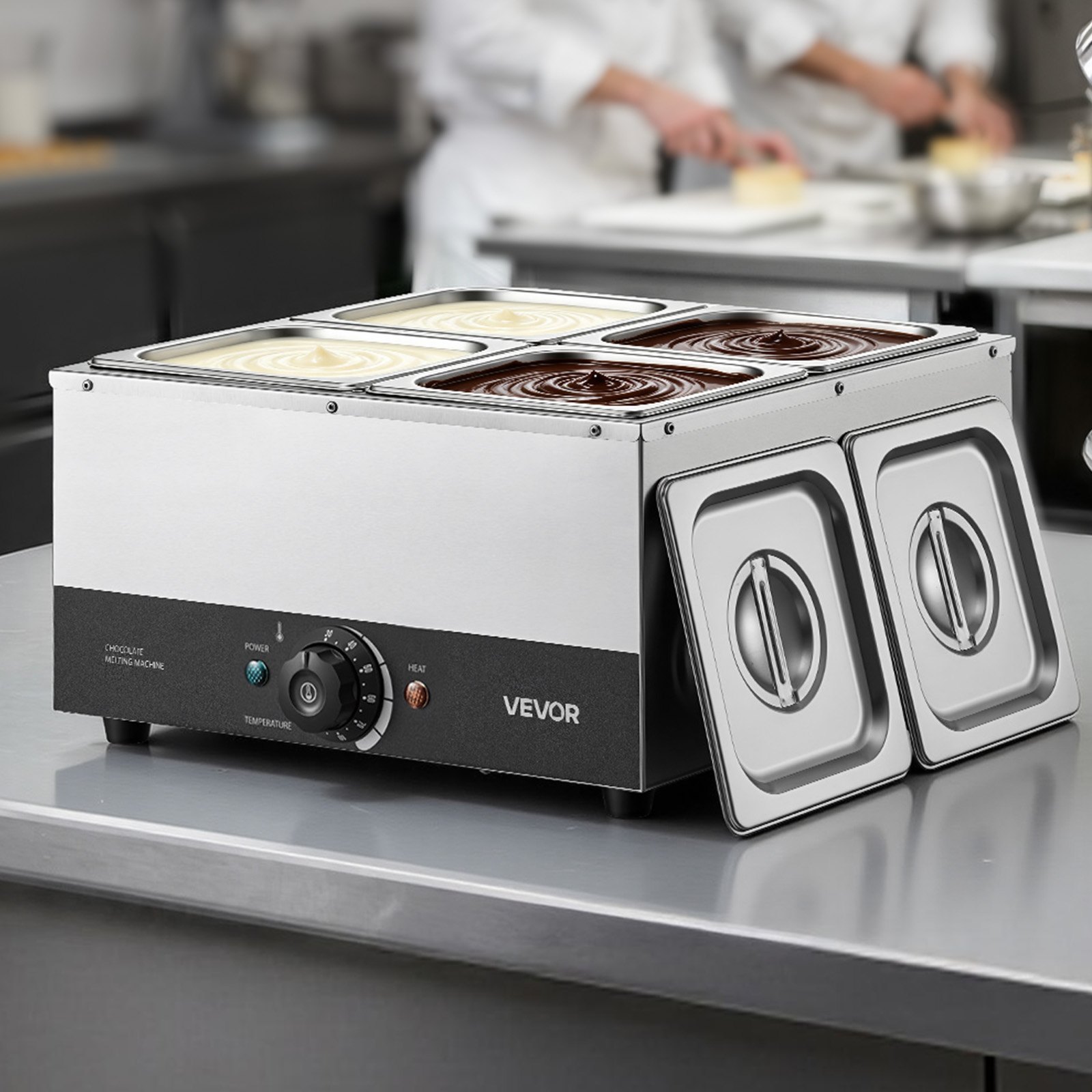 VEVOR Chocoladesmeltmachine met 4 verwijderbare roestvrijstalen containers, 1,2 kW, voor bakkerijen, patisserieën en restaurants, met temperatuurregeling 30–85 ℃, droogloopbeveiliging, chocoladetempermachine