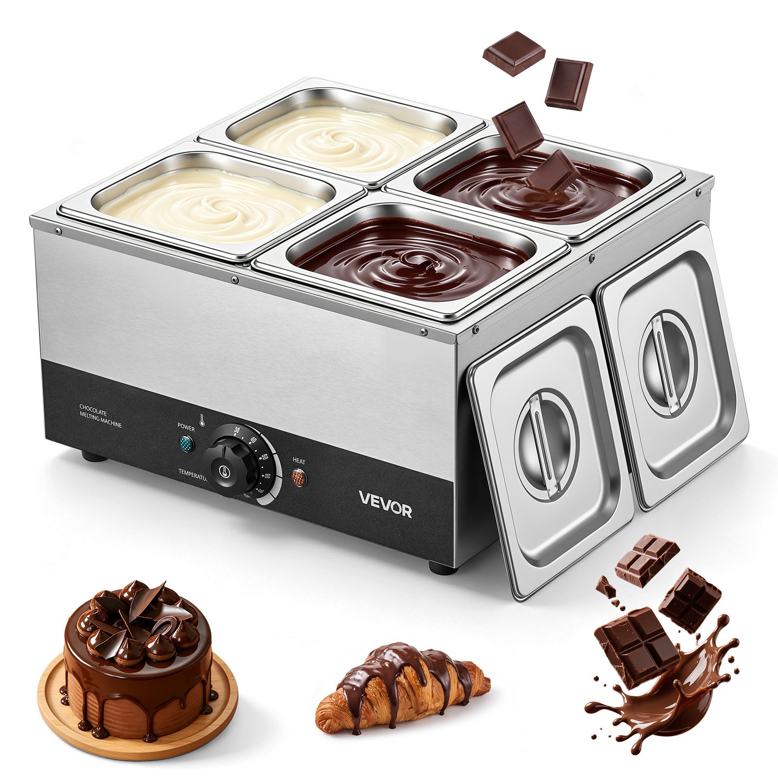 VEVOR Chocoladesmeltmachine met 4 verwijderbare roestvrijstalen containers, 1,2 kW, voor bakkerijen, patisserieën en restaurants, met temperatuurregeling 30–85 ℃, droogloopbeveiliging, chocoladetempermachine