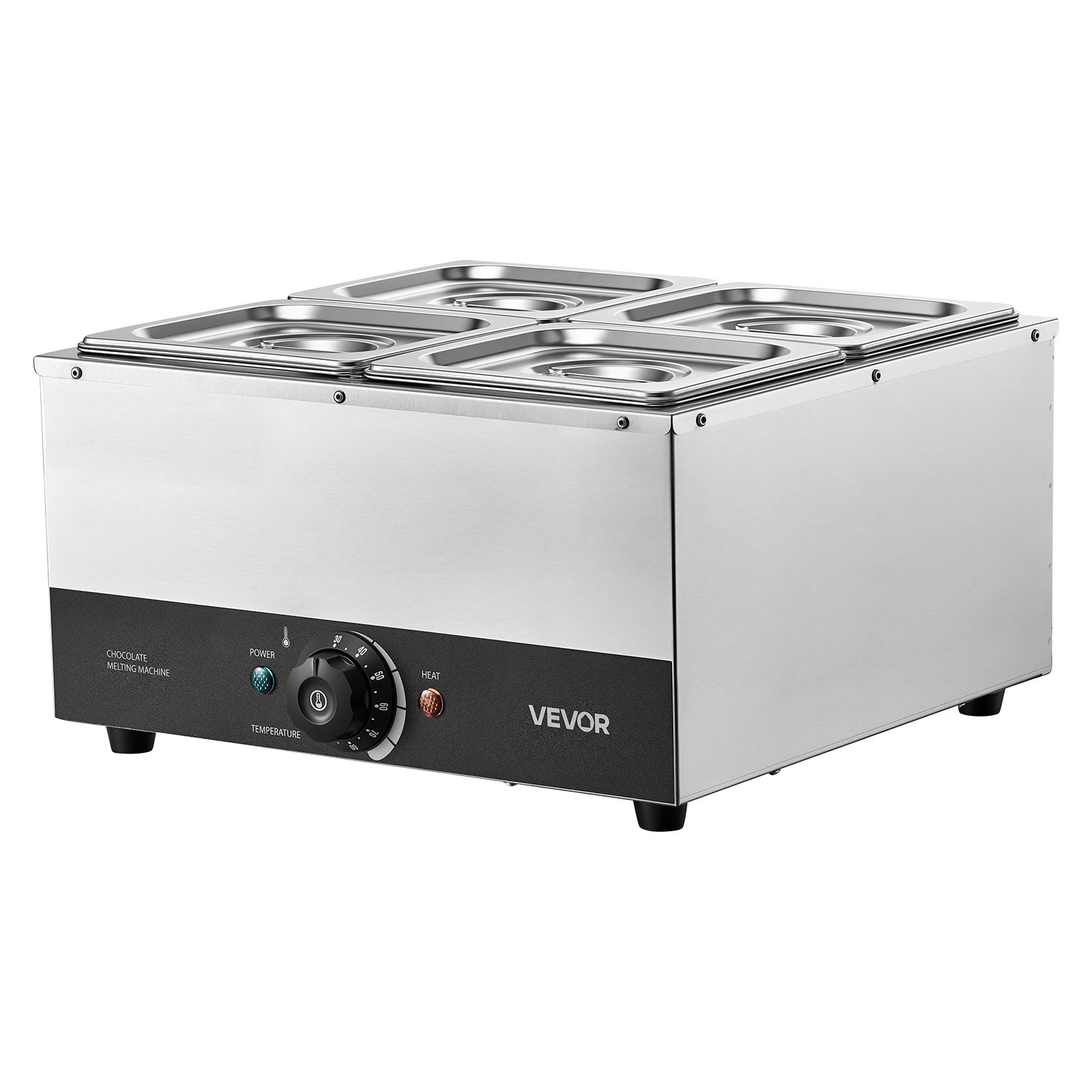 VEVOR Chocoladesmeltmachine met 4 verwijderbare roestvrijstalen containers, 1,2 kW, voor bakkerijen, patisserieën en restaurants, met temperatuurregeling 30–85 ℃, droogloopbeveiliging, chocoladetempermachine