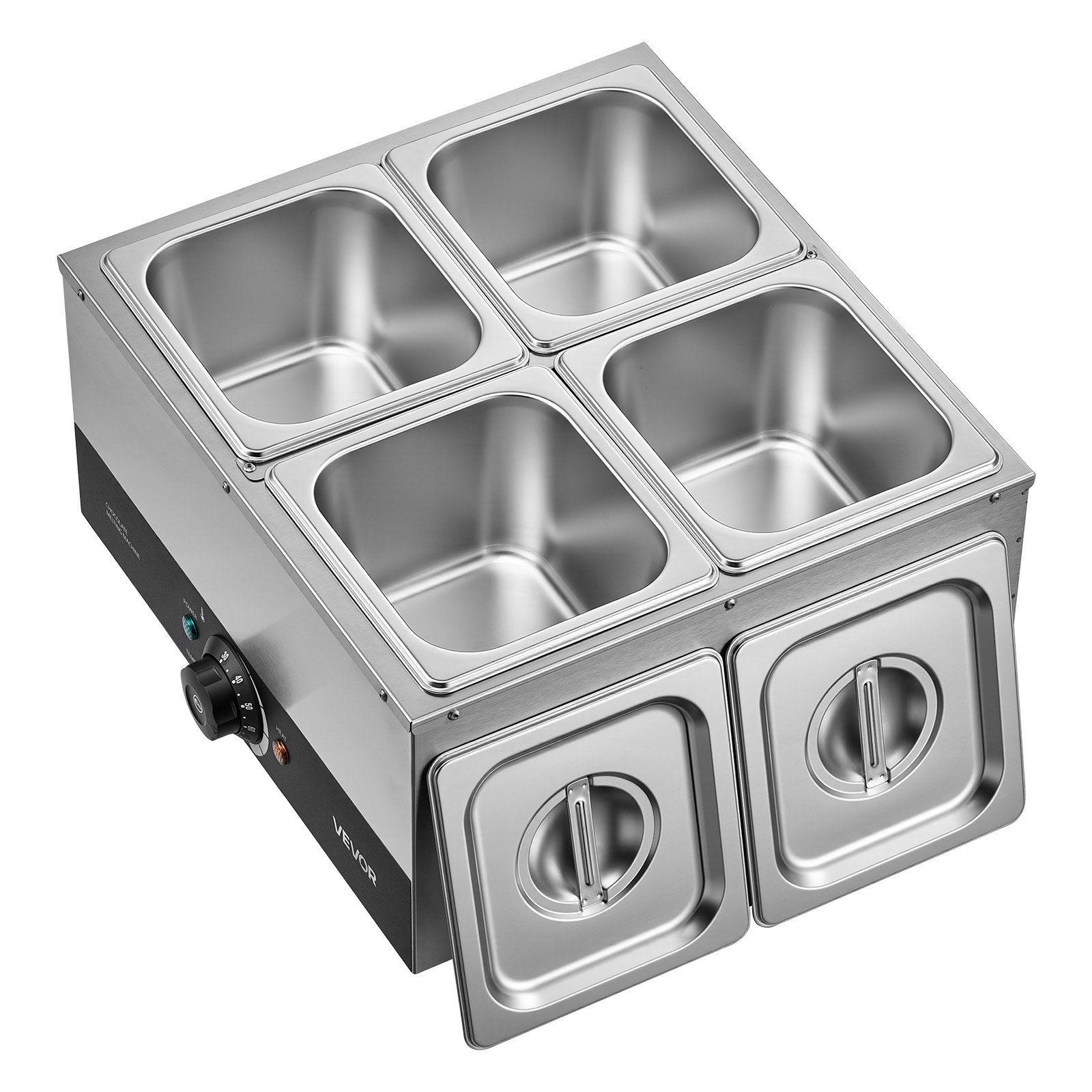 VEVOR Chocoladesmeltmachine met 4 verwijderbare roestvrijstalen containers, 1,2 kW, voor bakkerijen, patisserieën en restaurants, met temperatuurregeling 30–85 ℃, droogloopbeveiliging, chocoladetempermachine
