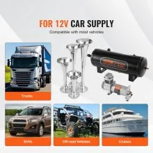VEVOR Treinhoornset, luchthoornset met 4 trompetten, 150dB treinhoorn voor pick-ups, 12V 160psi luchtcompressor, 10L tank met manometer voor elk 12V voertuig, auto, vrachtwagen, trein, bestelwagen, boot enz.