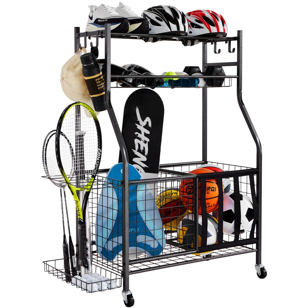 VEVOR sportuitrusting organizer voor ballen, rackets, helmen, waterflessen en diverse sportuitrustingen.