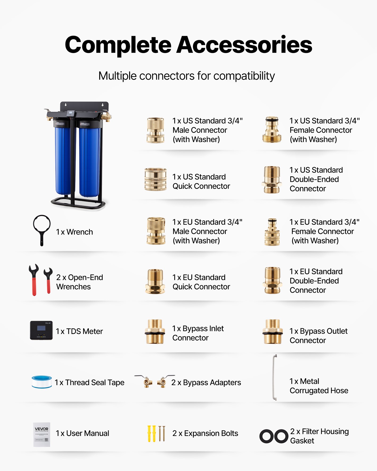 VEVOR Deionized Water System for Car Wash, Spotless Car Wash Water System with 2 x 4L DI Resin, TDS Meter & Bypass Valve, Spot-Free Deionized Water Filter for Cars RVs Motorcycles Windows