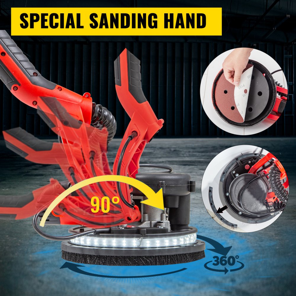 VEVOR Roterende Wandschuurmachine 850W, Opvouwbare Gipsplaatschuurmachine met Telescopisch Handvat, Variabele Snelheid 800–1750 RPM, Wandschuurmachine met LED-stripverlichting en Stofzak