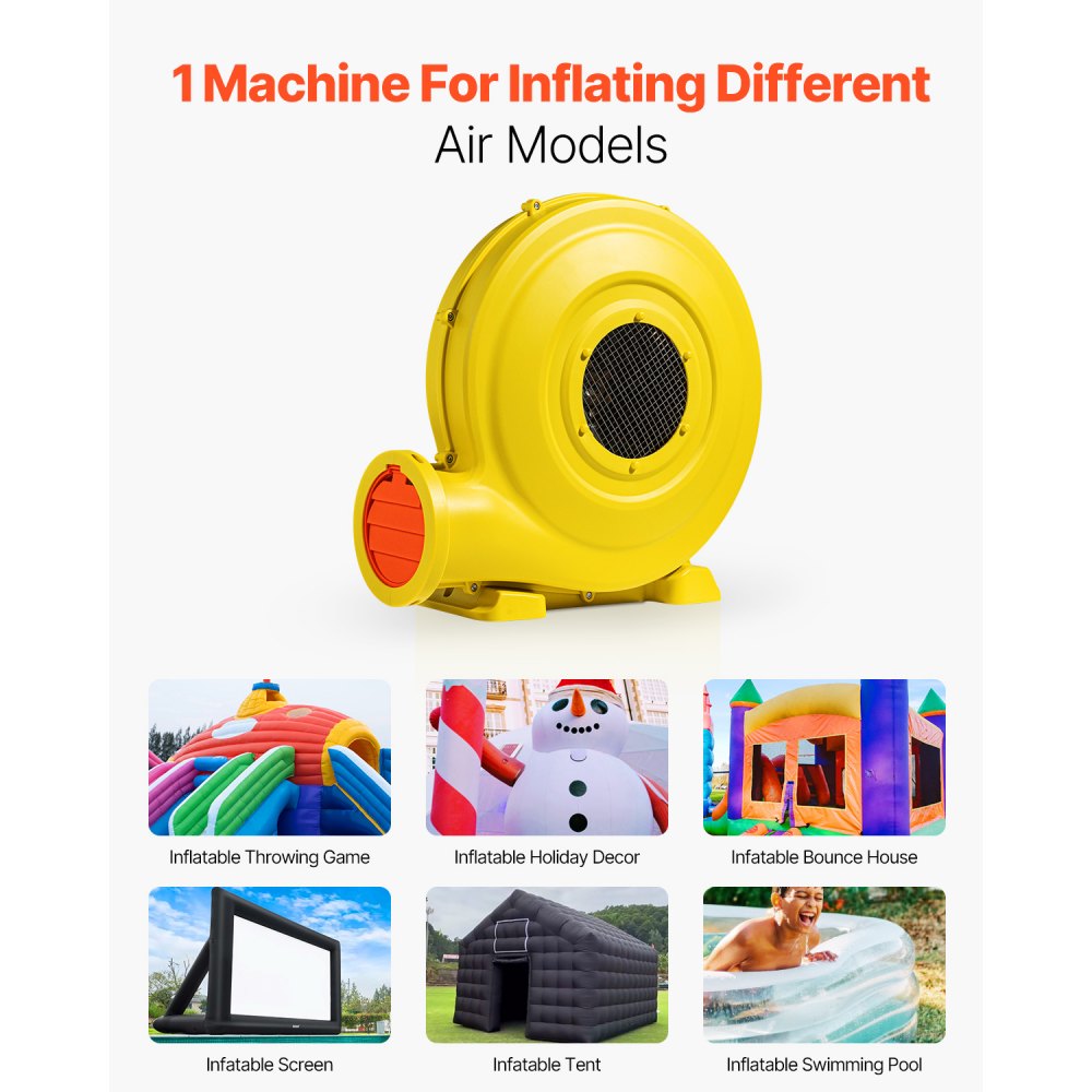 VEVOR Inflatable Blower, 870W&950W, 1.3 HP Bounce House Blower, Pump Commercial Air Blower for Inflatables, 3300RPM Bouncy Castle Electric Air Blower Fan Perfect for Bounce House, Waterslides, Yellow