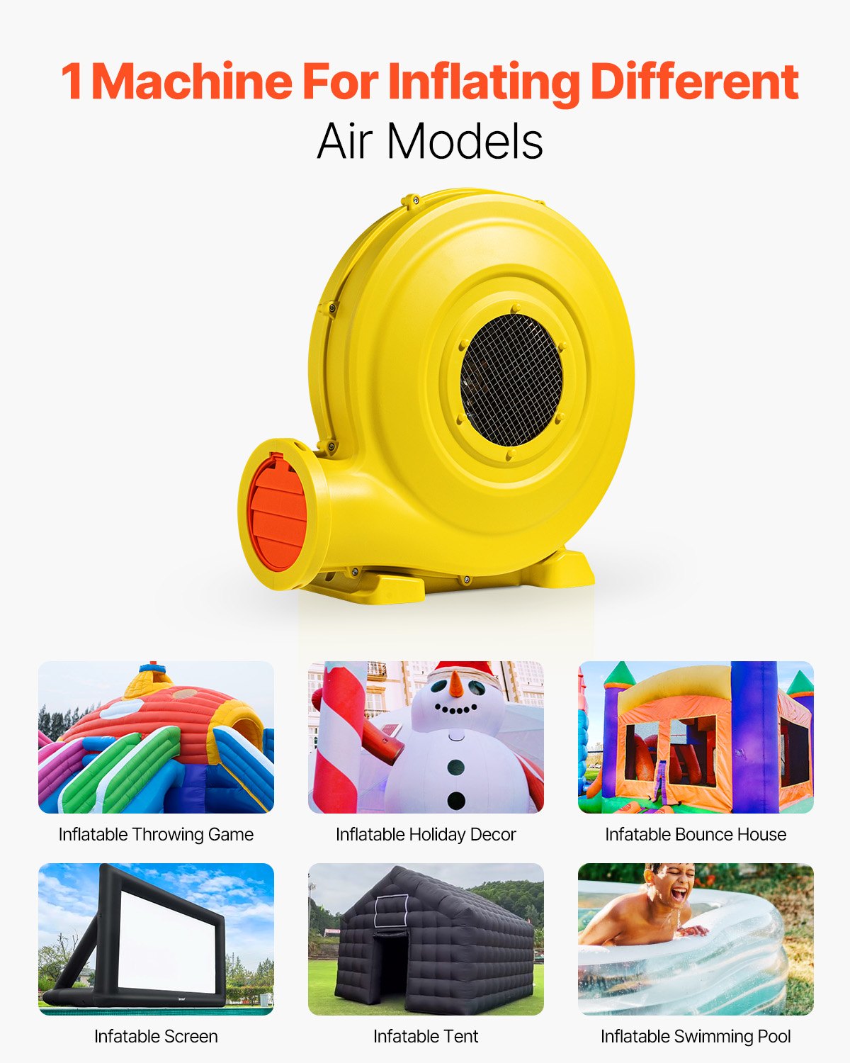 VEVOR Inflatable Blower, 870W&950W, 1.3 HP Bounce House Blower, Pump Commercial Air Blower for Inflatables, 3300RPM Bouncy Castle Electric Air Blower Fan Perfect for Bounce House, Waterslides, Yellow