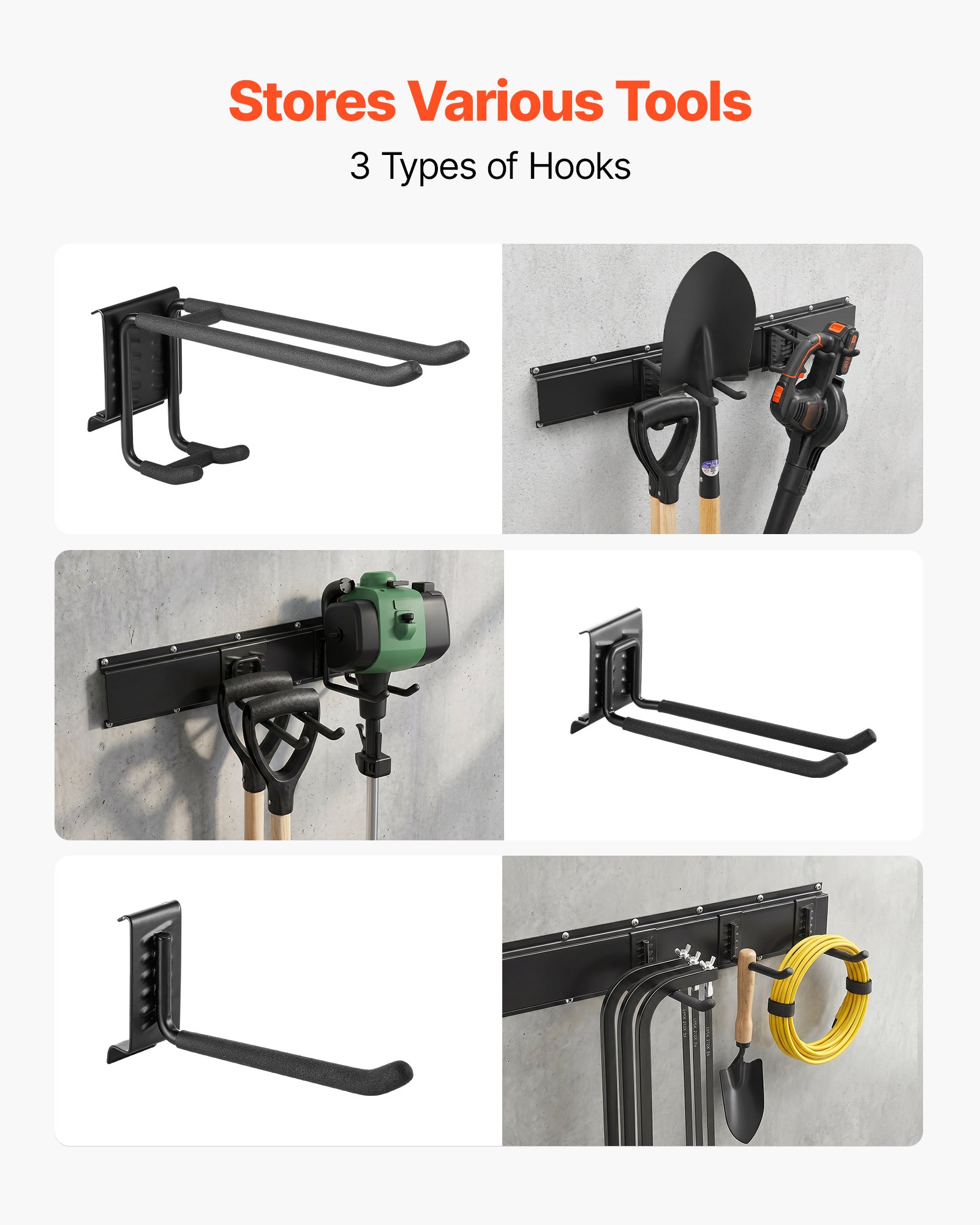 VEVOR Gereedschapshouder voor wandmontage, 1676,4 mm, draagvermogen 363 kg, voor wandmontage, koolstofstaal, 4 rails en 10 haken, inclusief schroeven en pluggen, gereedschapsorganizer voor garage, kelder en tuin.