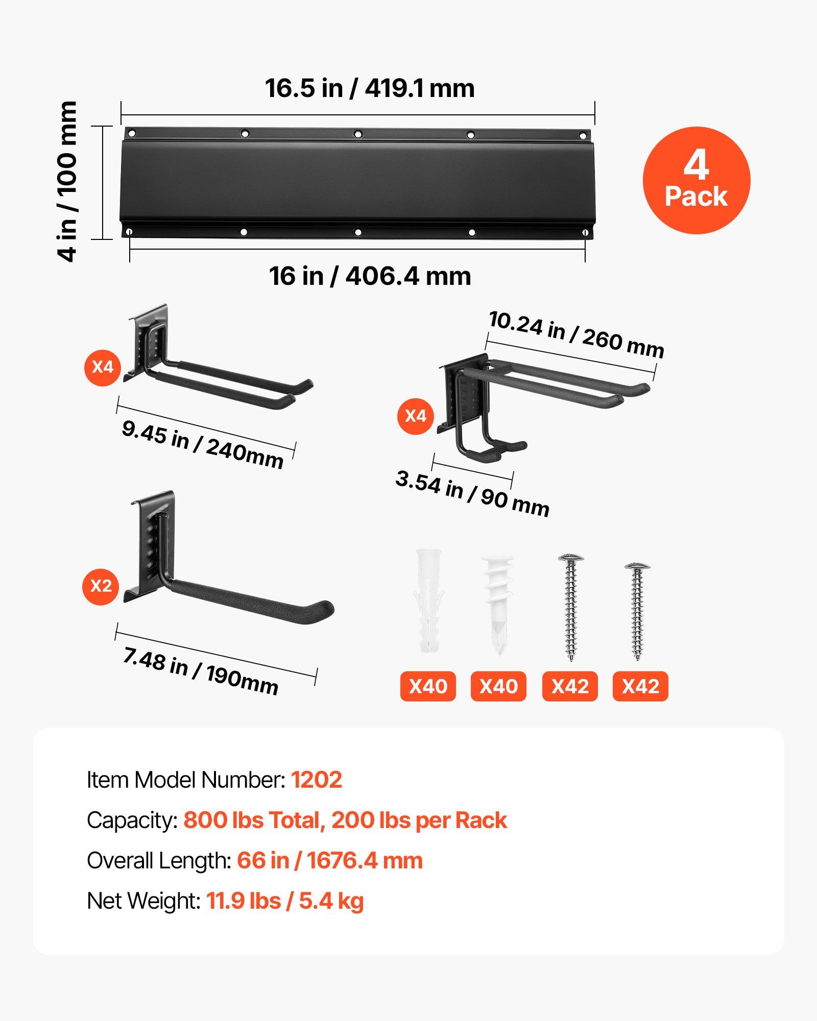 VEVOR Gereedschapshouder voor wandmontage, 1676,4 mm, draagvermogen 363 kg, voor wandmontage, koolstofstaal, 4 rails en 10 haken, inclusief schroeven en pluggen, gereedschapsorganizer voor garage, kelder en tuin.
