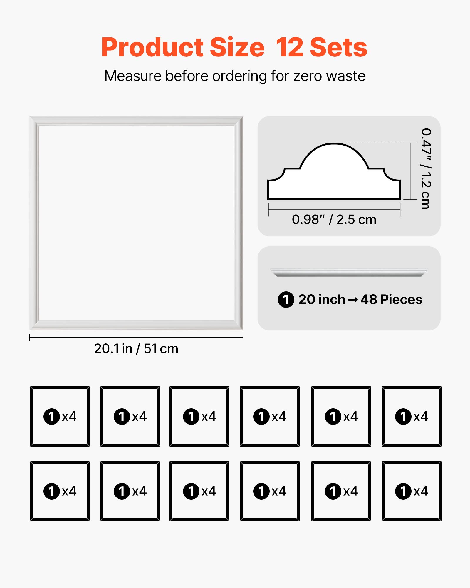 VEVOR Muurlijstset, 12 stuks, 51x51 cm Sierlijsten gemaakt van overschilderbaar polystyreen, waterdichte muurlijst, decoratieve lijst voor muren, sierlijst voor woonkamer, slaapkamer, huis, wit