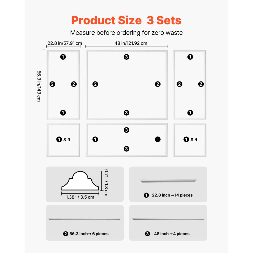 VEVOR Wandlijstset, 3-delig, 57,91/121,92/143 cm, overschilderbare polystyreen sierlijsten, waterdichte wandafwerking, decoratieve wandlijst, sierlijst voor woonkamer, slaapkamer, huis, wit