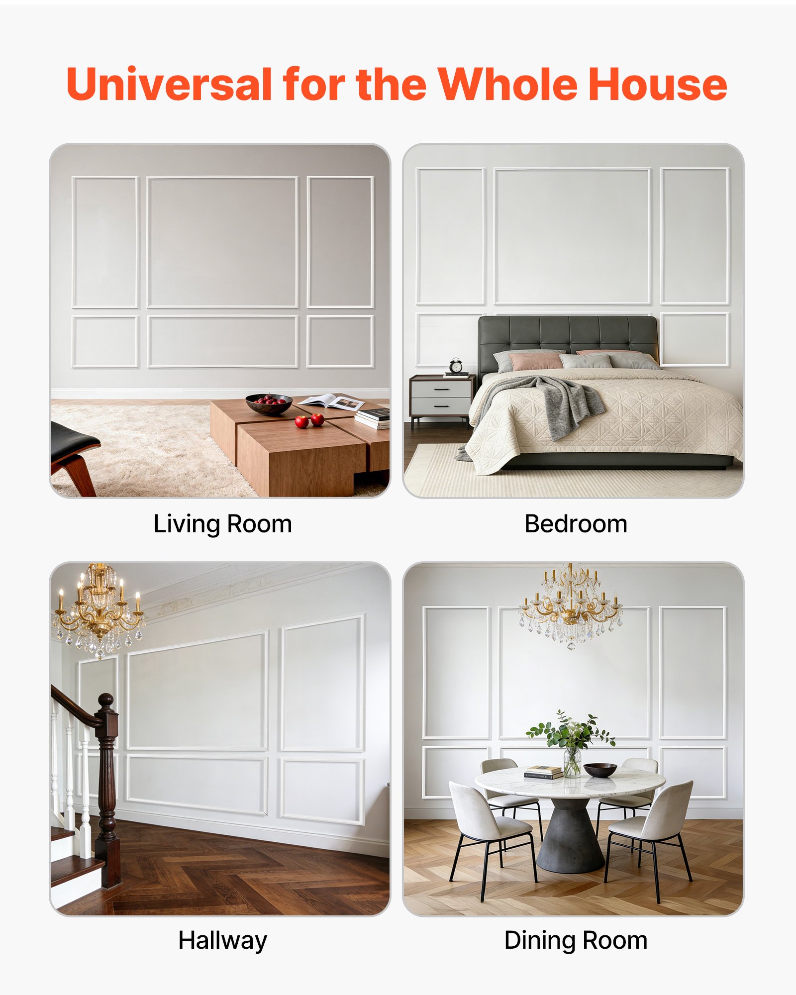 VEVOR Wandlijstset, 3-delig, 57,91/121,92/143 cm, overschilderbare polystyreen sierlijsten, waterdichte wandafwerking, decoratieve wandlijst, sierlijst voor woonkamer, slaapkamer, huis, wit