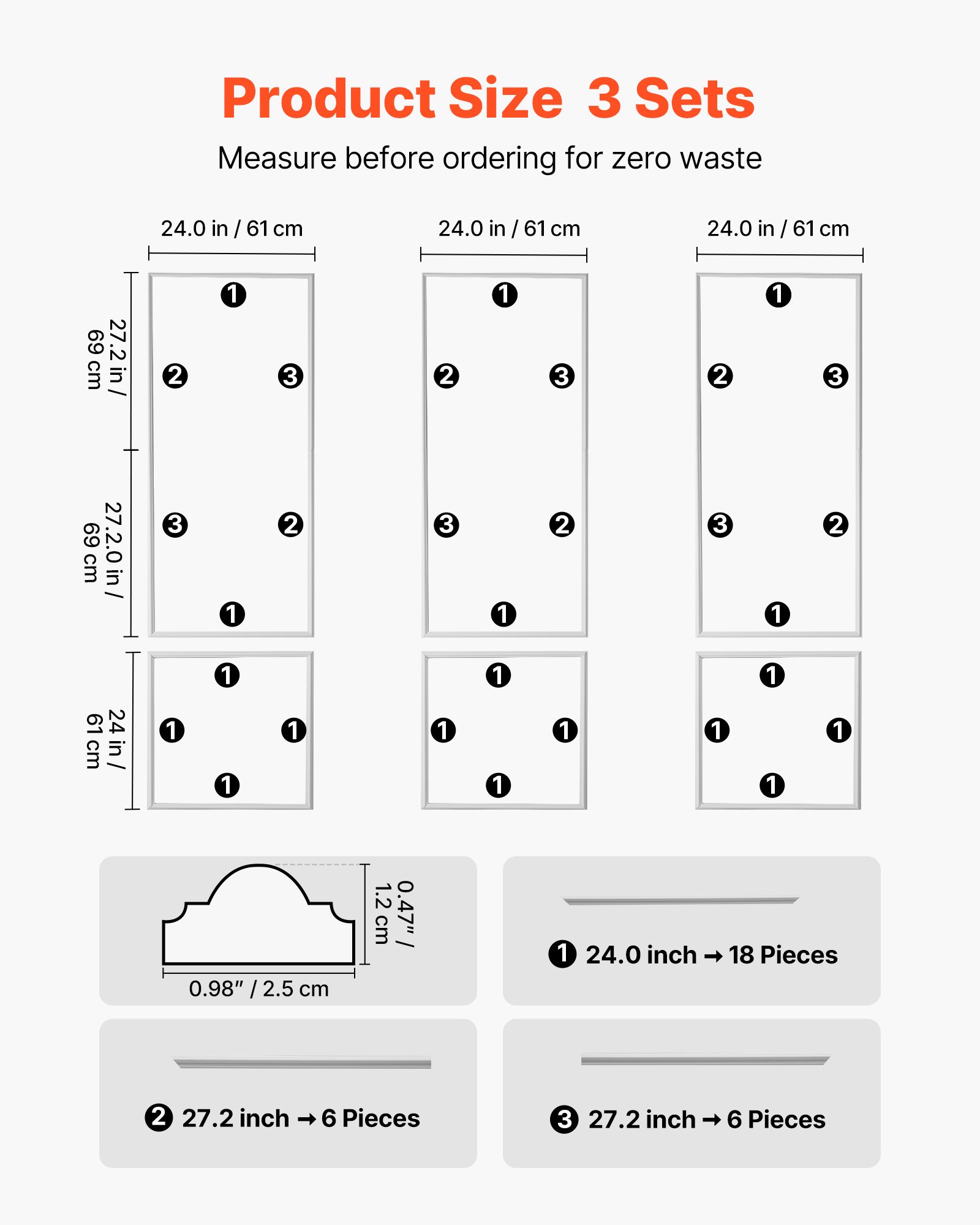 VEVOR Muurlijstset, 3-delig, 61x61cm & 61x138cm, overschilderbare polystyreen sierlijsten, waterdichte muurafwerking, decoratieve muurlijst, sierlijst voor woonkamer, slaapkamer, huis, wit