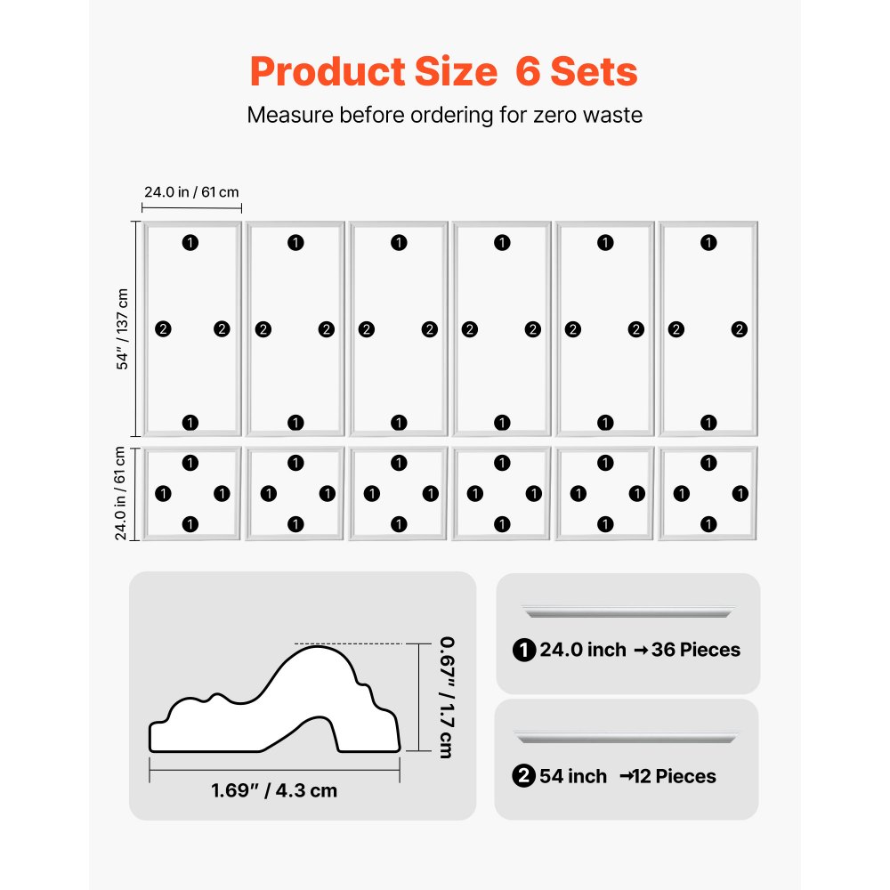 VEVOR wandlijstset, 6-delige set 61x61cm en 61x137cm, overschilderbare polystyreen sierlijsten, waterdichte wandlijst, decoratieve wandafwerking, sierlijst voor woonkamer, slaapkamer, huis, wit