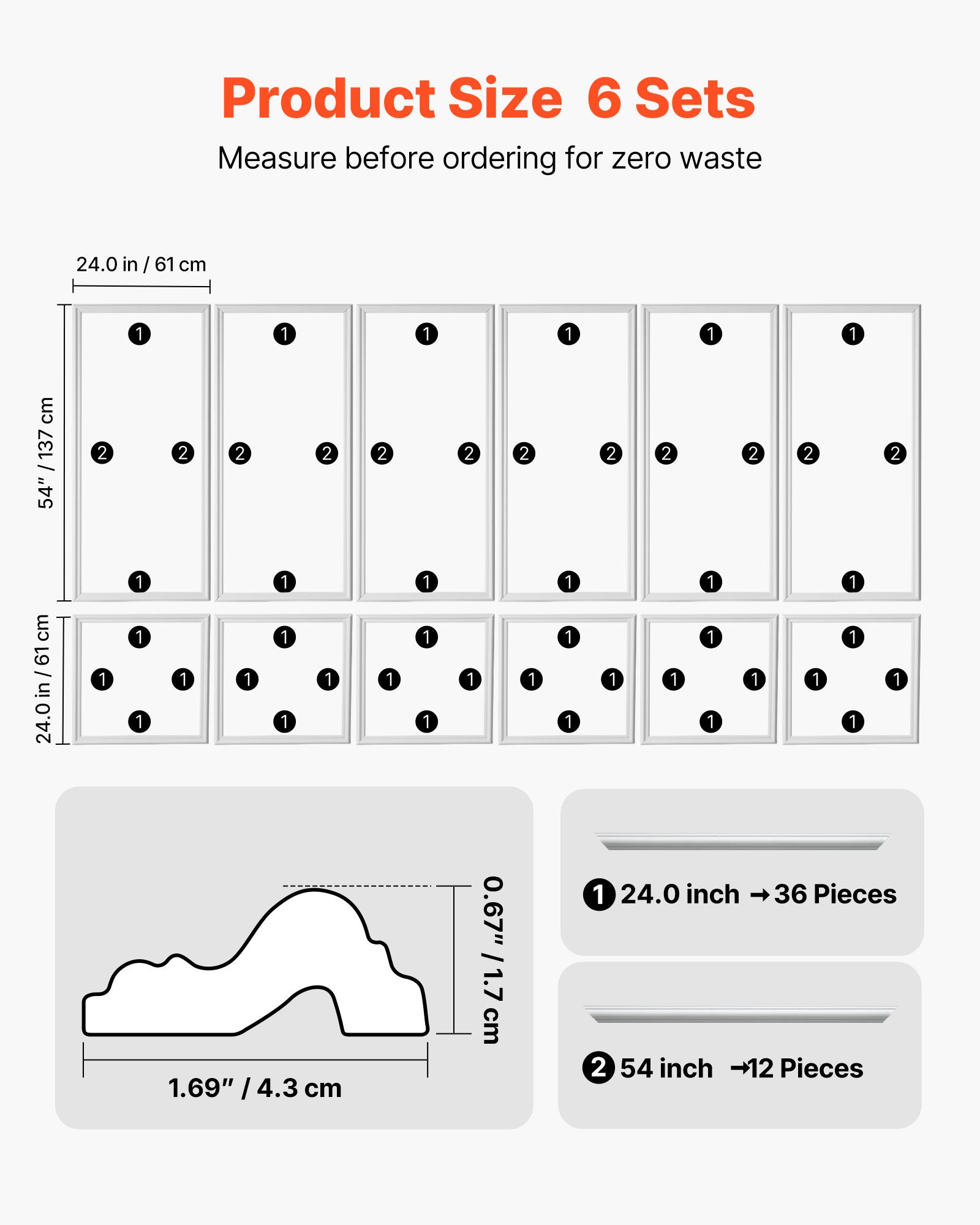 VEVOR wandlijstset, 6-delige set 61x61cm en 61x137cm, overschilderbare polystyreen sierlijsten, waterdichte wandlijst, decoratieve wandafwerking, sierlijst voor woonkamer, slaapkamer, huis, wit