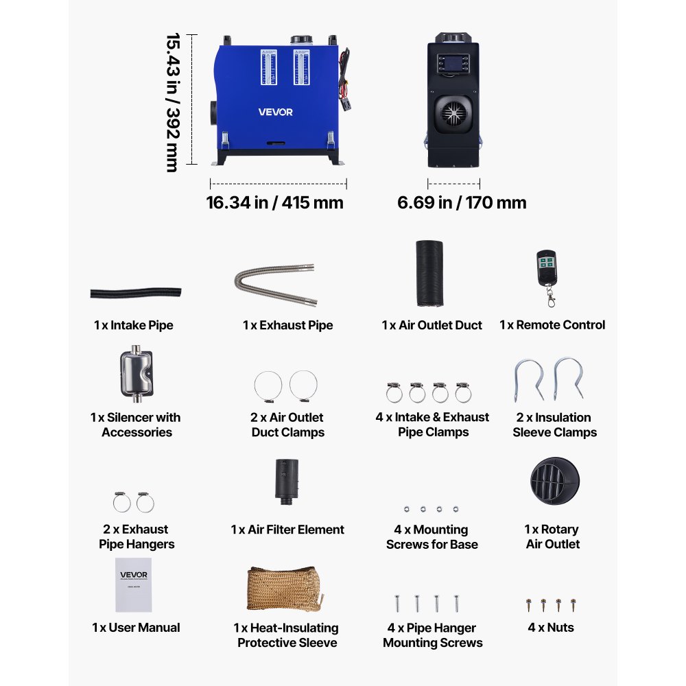 VEVOR Diesel Luchtverwarmer 12-24V 8KW Draagbare Standkachel met Afstandsbediening & LCD-scherm, Laag Geluid, 5 L Brandstoftank voor Vrachtwagens Campers SUV's Campers
