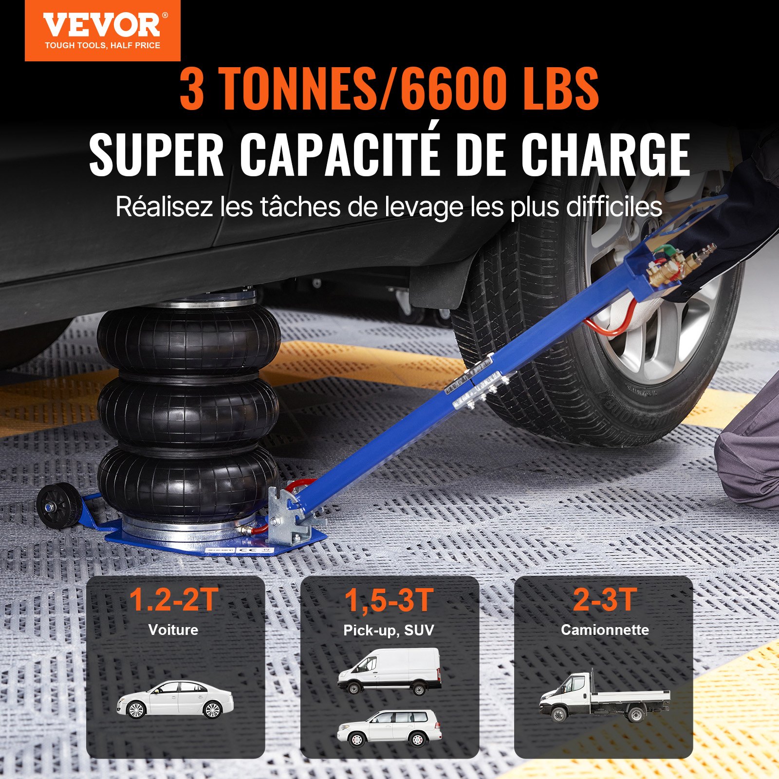 VEVOR Air Jack, 3 Ton/6600 lbs Triple Bag Air Jack, Airbag Jack with Six Steel Pipes, Lift up to 17.7", 3-5 s Fast Lifting Pneumatic Jack, with Adjustable Long Handles for Cars, Garages, Repair (Blue)