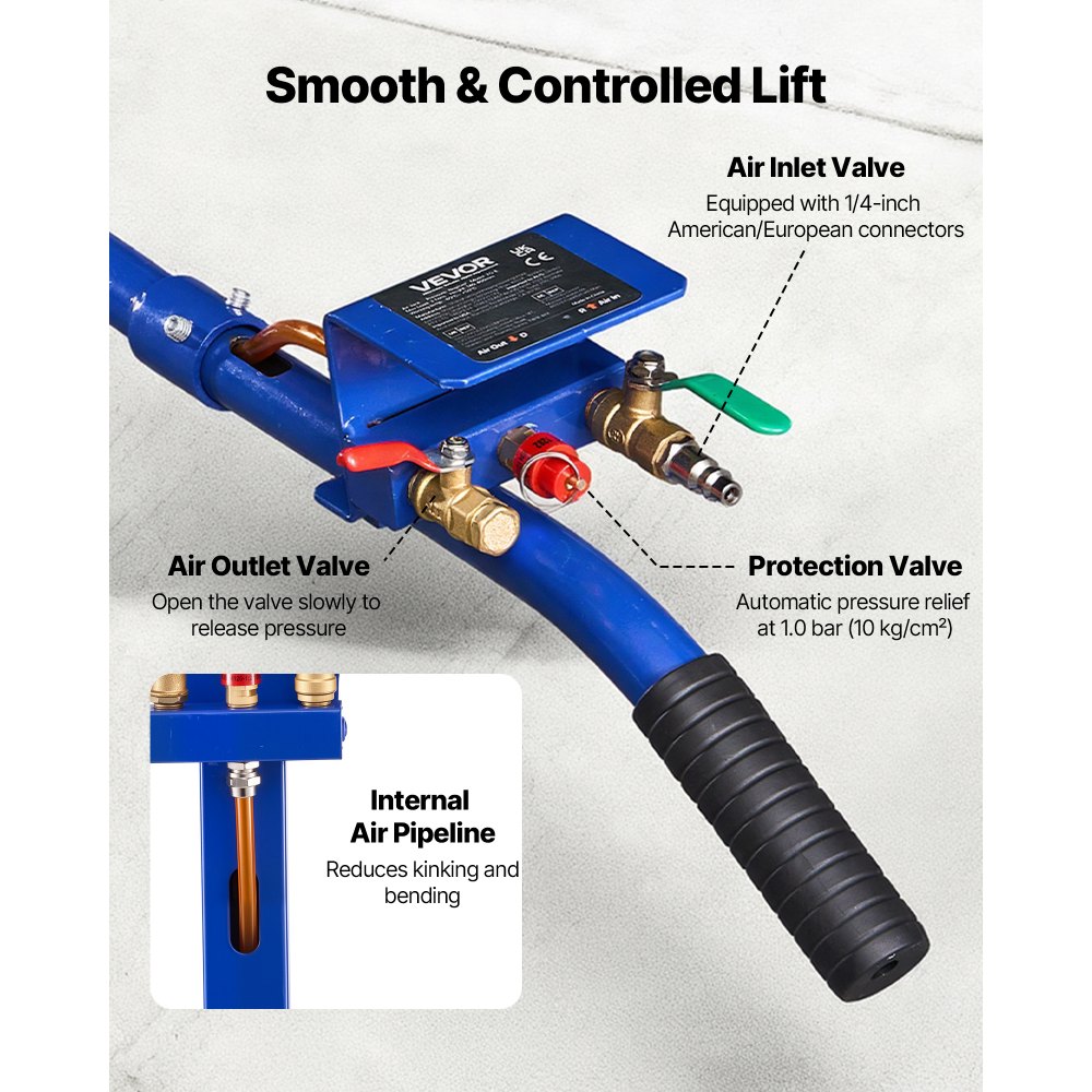 VEVOR 3-tons pneumatische autokrik met 6 stalen buizen, lange hendel en rubberen voet, hefhoogte 140–450 mm, snel heffen, luchtkrik voor auto's, SUV's en pick-ups.