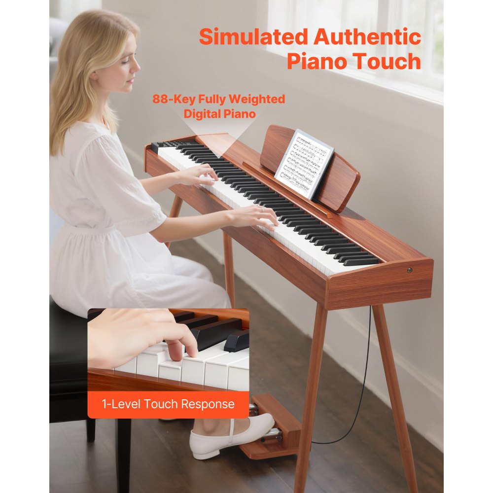 VEVOR Weighted Digital Piano, 88 Keys Fully Weighted, Electric Piano Keyboard with Sheet Music Stand, Triple Pedal, Power Adapter, 280 Tones, Support Wireless Connection, for Beginners, Wood Color
